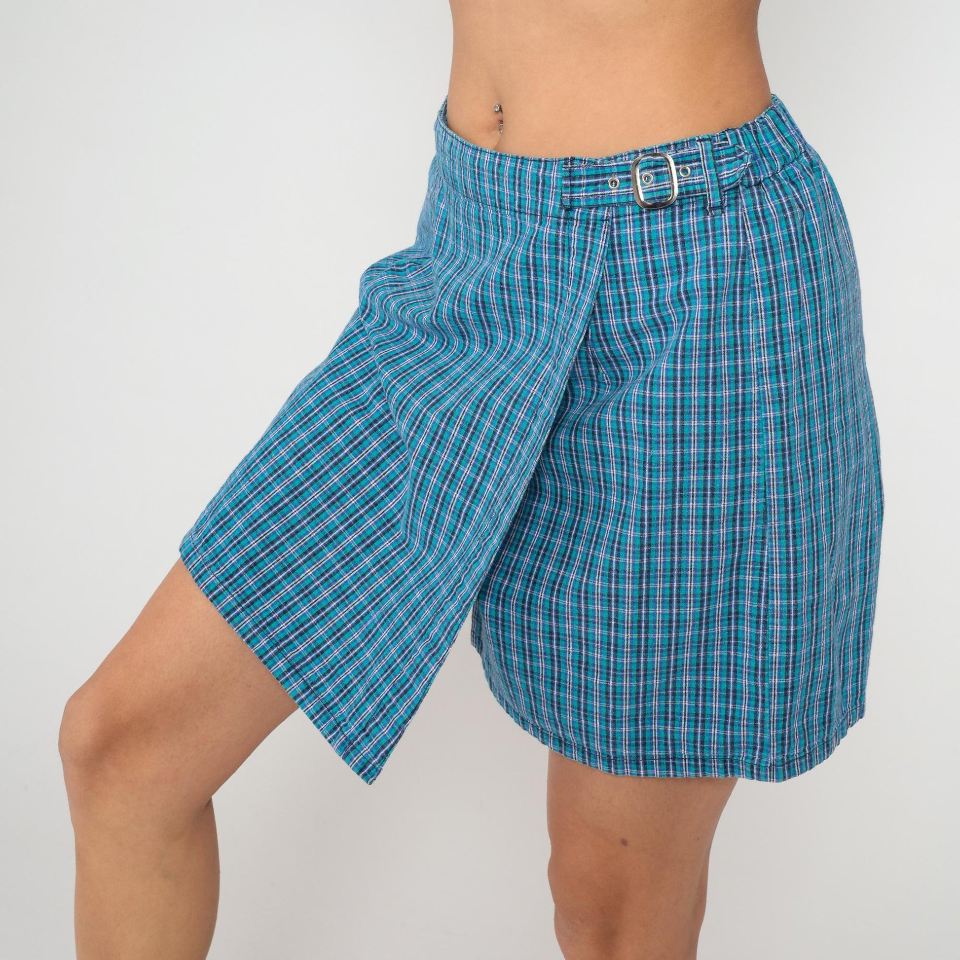 Y2K White Stag Blue Plaid Skort High Waisted Cotton Mini Medium