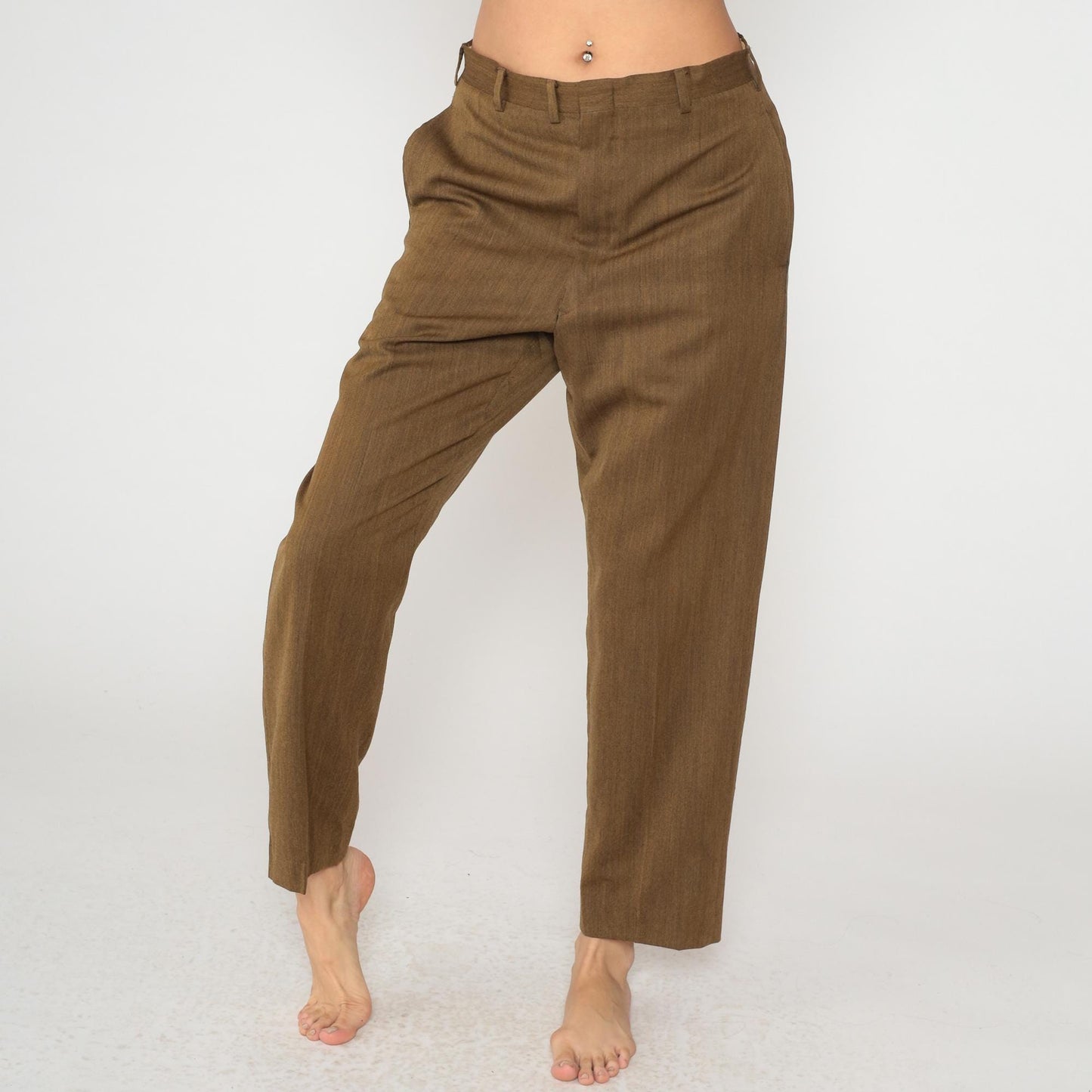 60s Brown High-Waist Straight-Leg Trousers Flat Front Tailored Medium