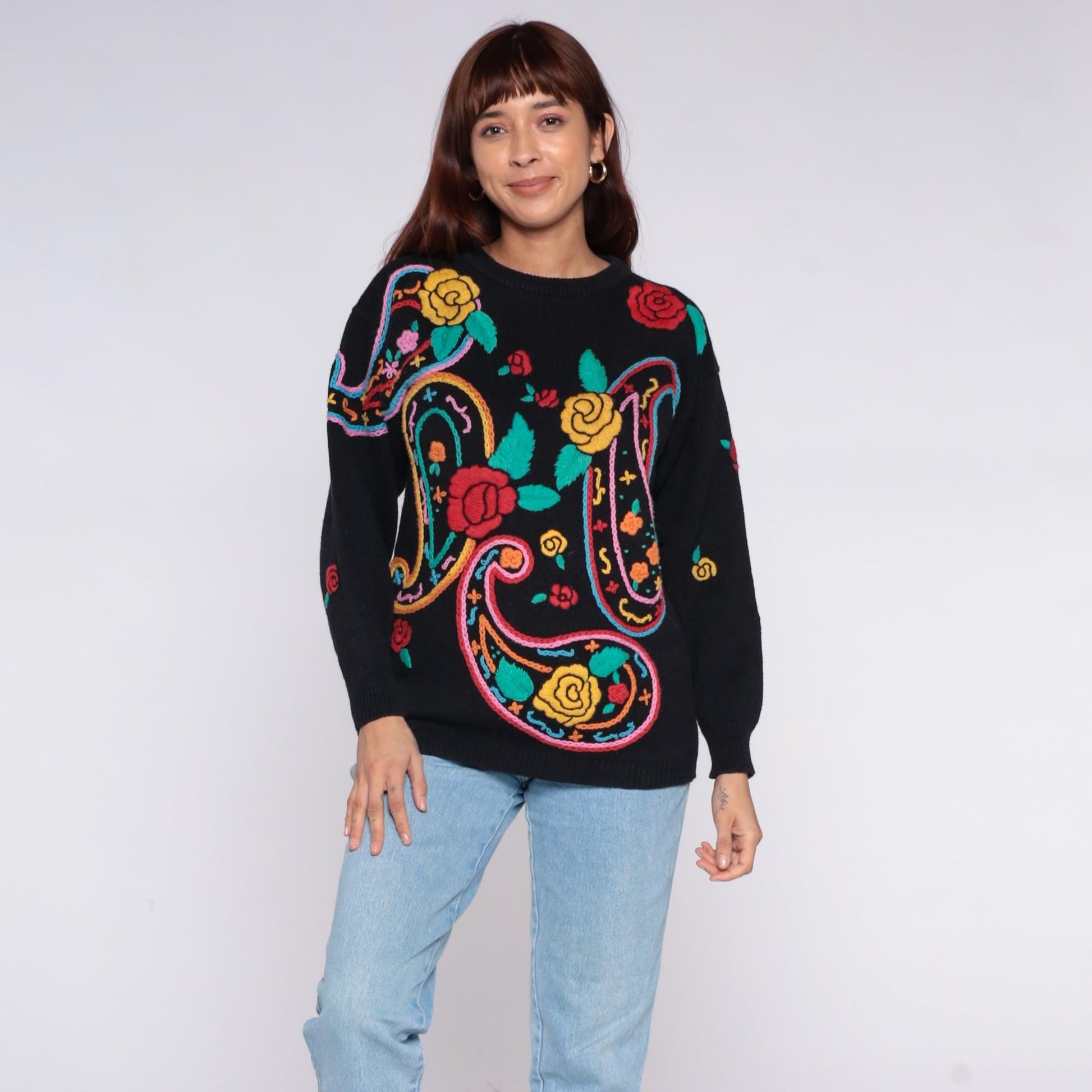 90s Western Connection Black Embroidered Paisley Sweater Snakes Roses Small