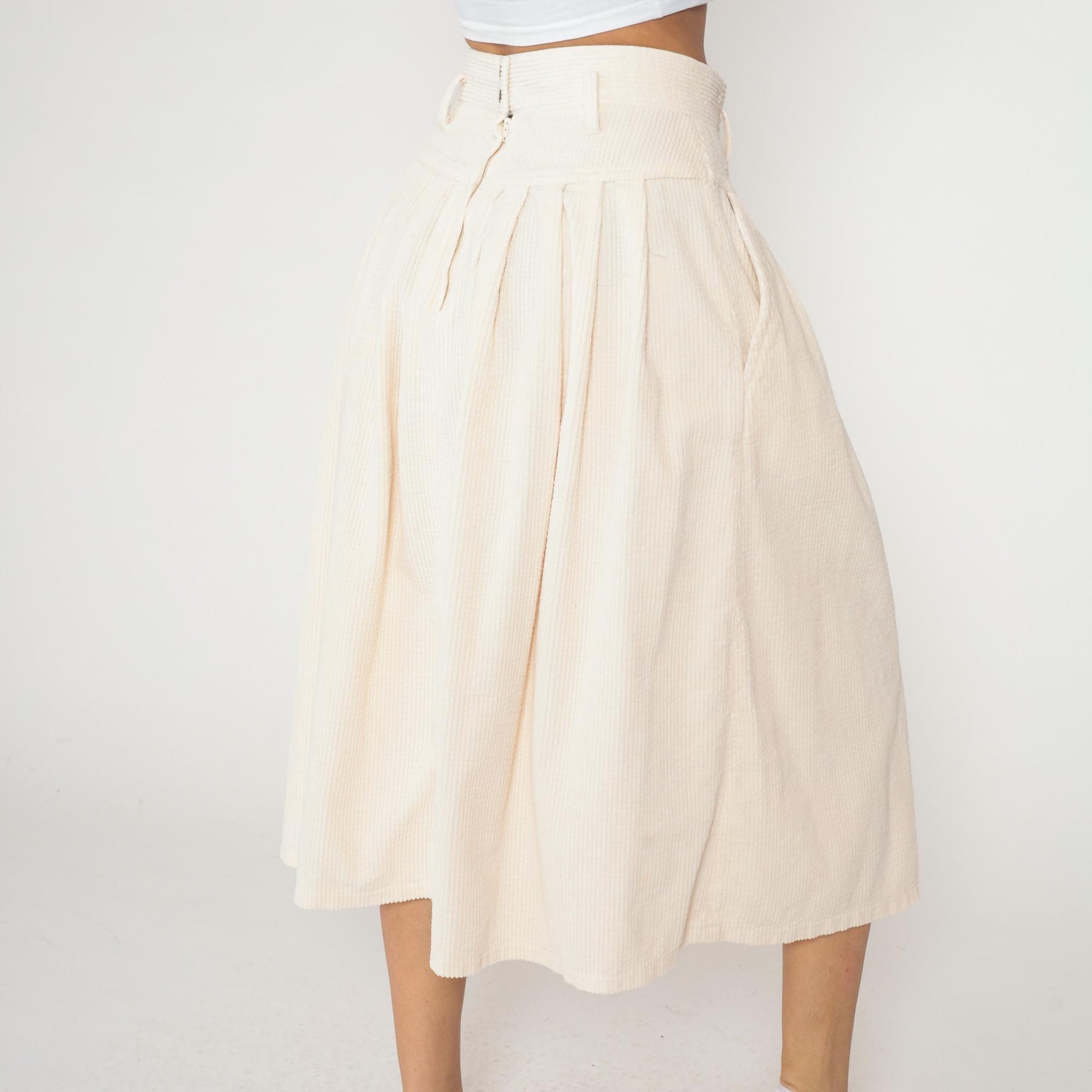 90s Boundary Waters Cream Corduroy Pleated Skirt High Waist Knee Length Large