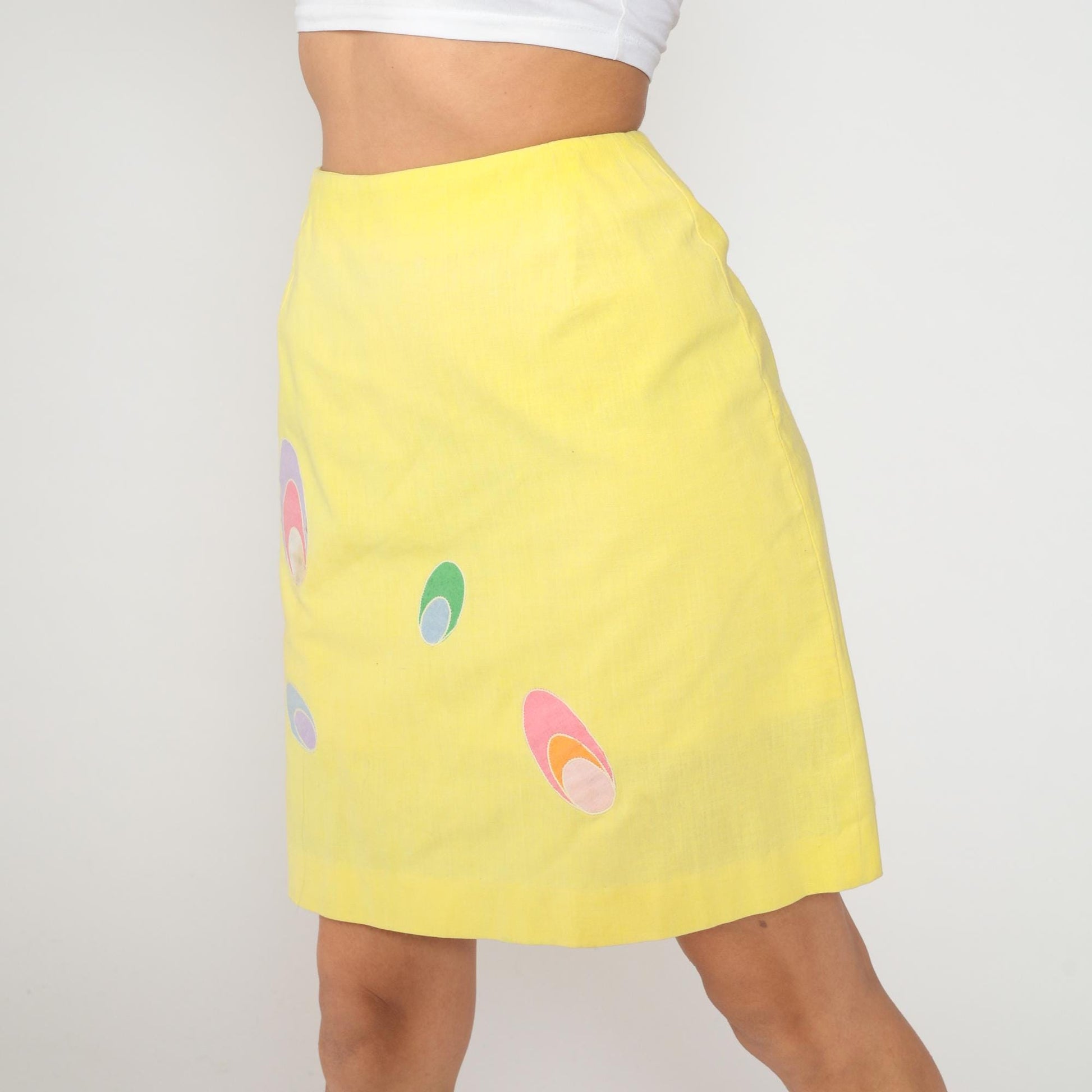 70s Yellow Mini Skirt Abstract Oval Pattern A-Line Cotton Small S