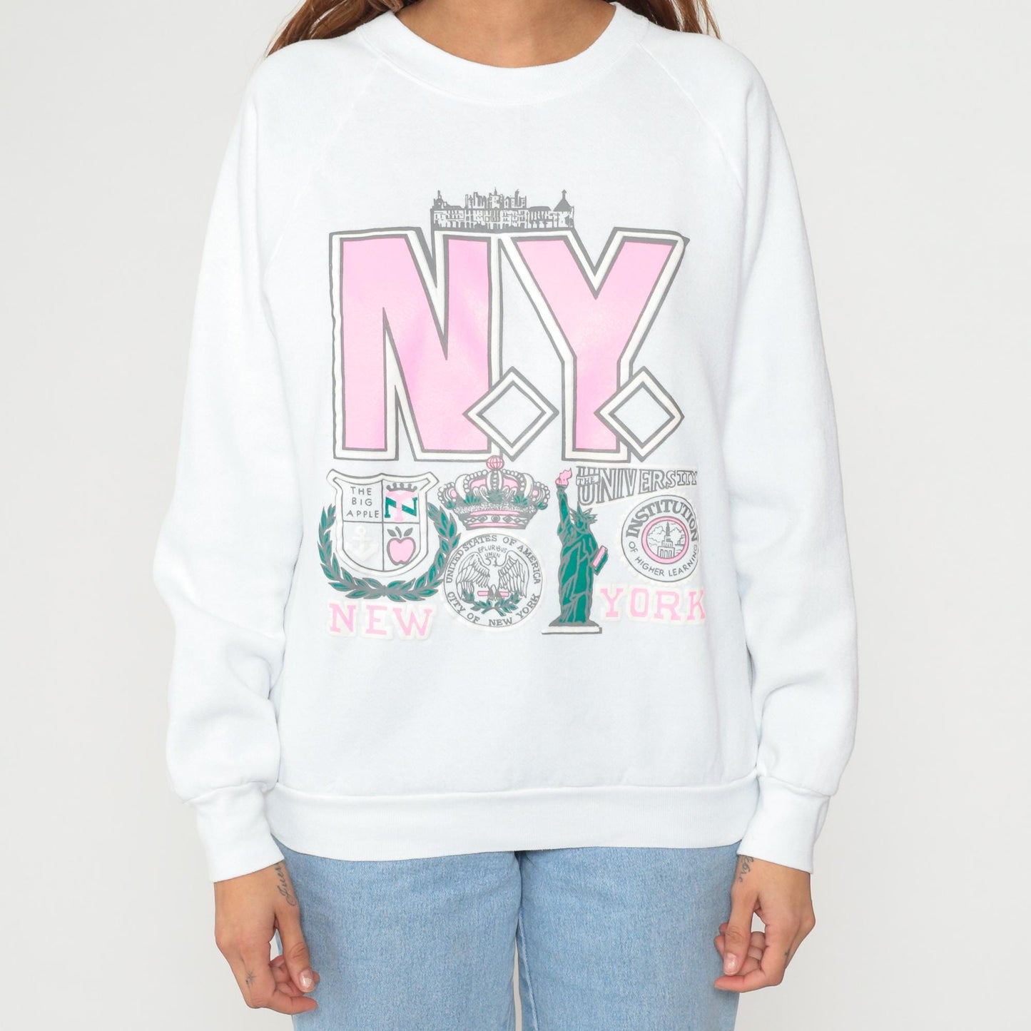90s New York Sweatshirt Statue of Liberty Graphic White Pink Cotton Large L
