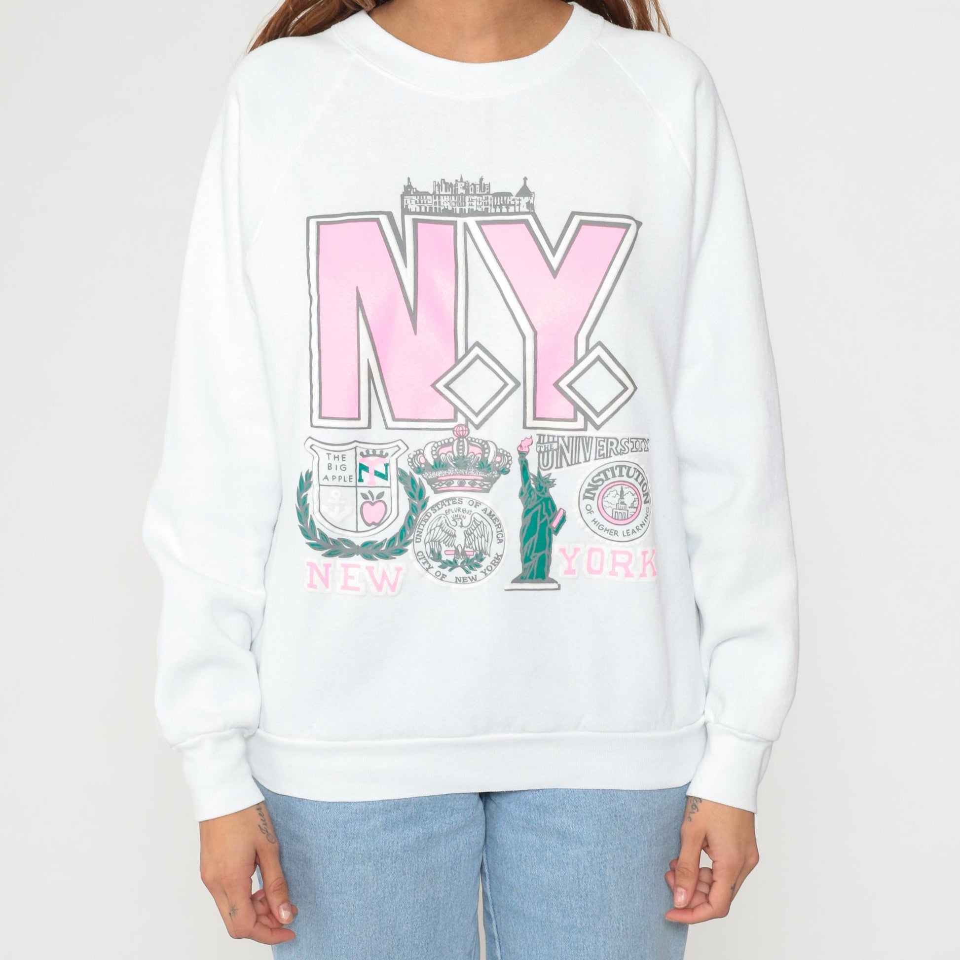 90s New York Sweatshirt Statue of Liberty Graphic White Pink Cotton Large L