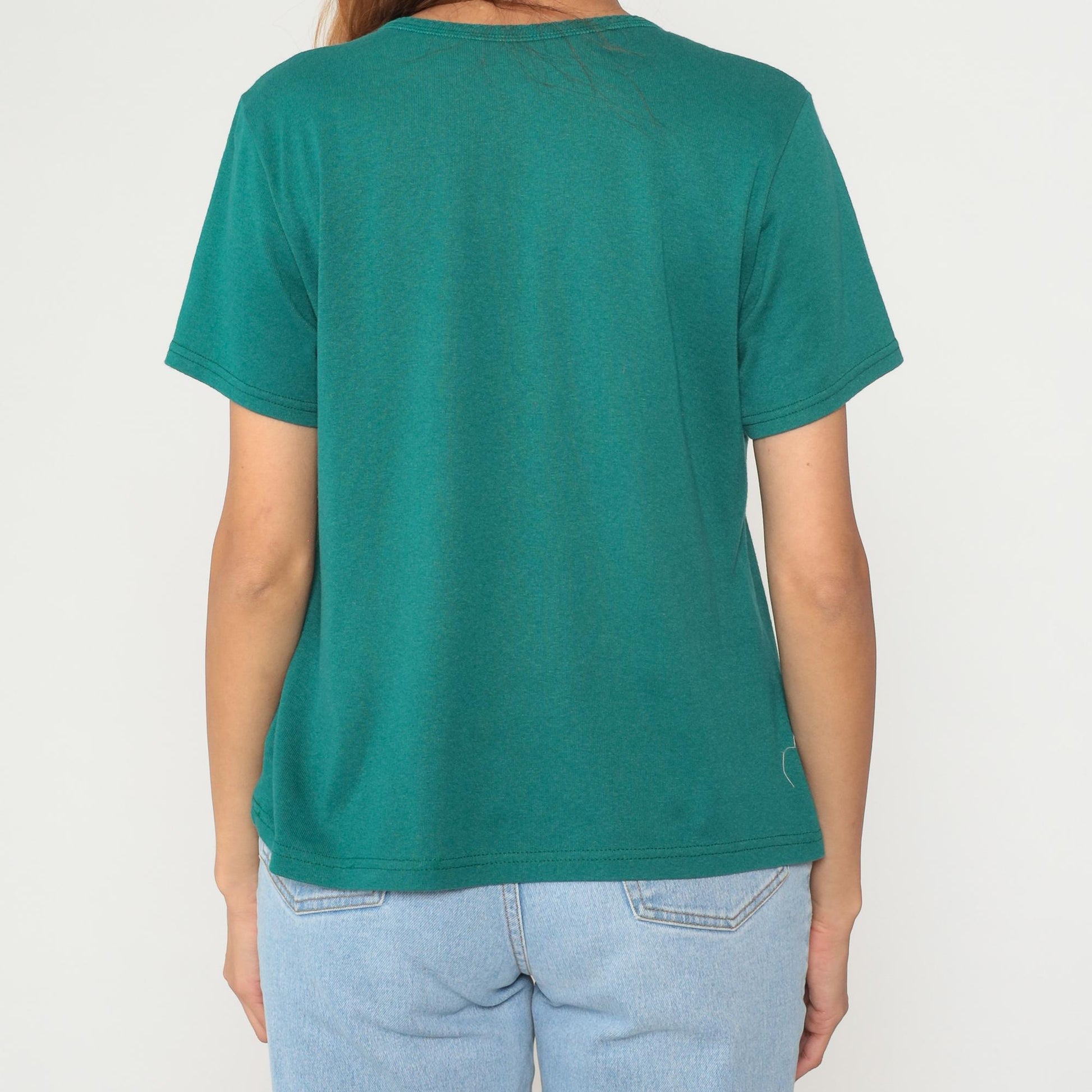 90s Teal Embroidered Floral T-Shirt Cotton Crew Neck Short Sleeve Large L