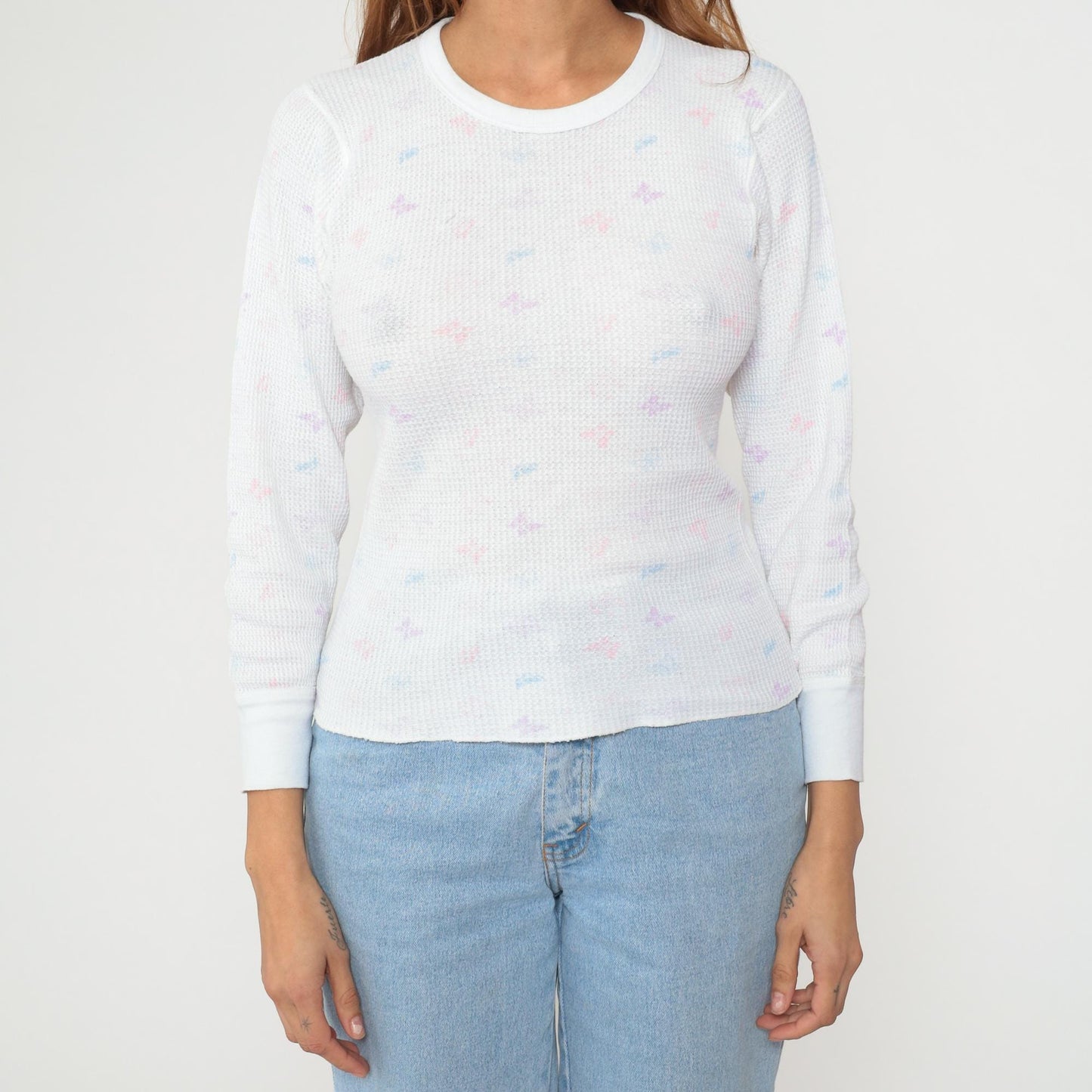 80s High Sierra Butterfly Thermal Waffle Knit Long Sleeve Tee White Medium