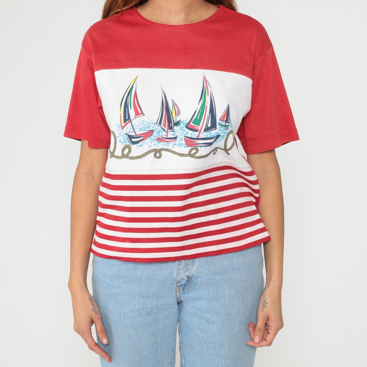 90s Sailboat Nautical Red White Striped Cotton Graphic Tee Large L