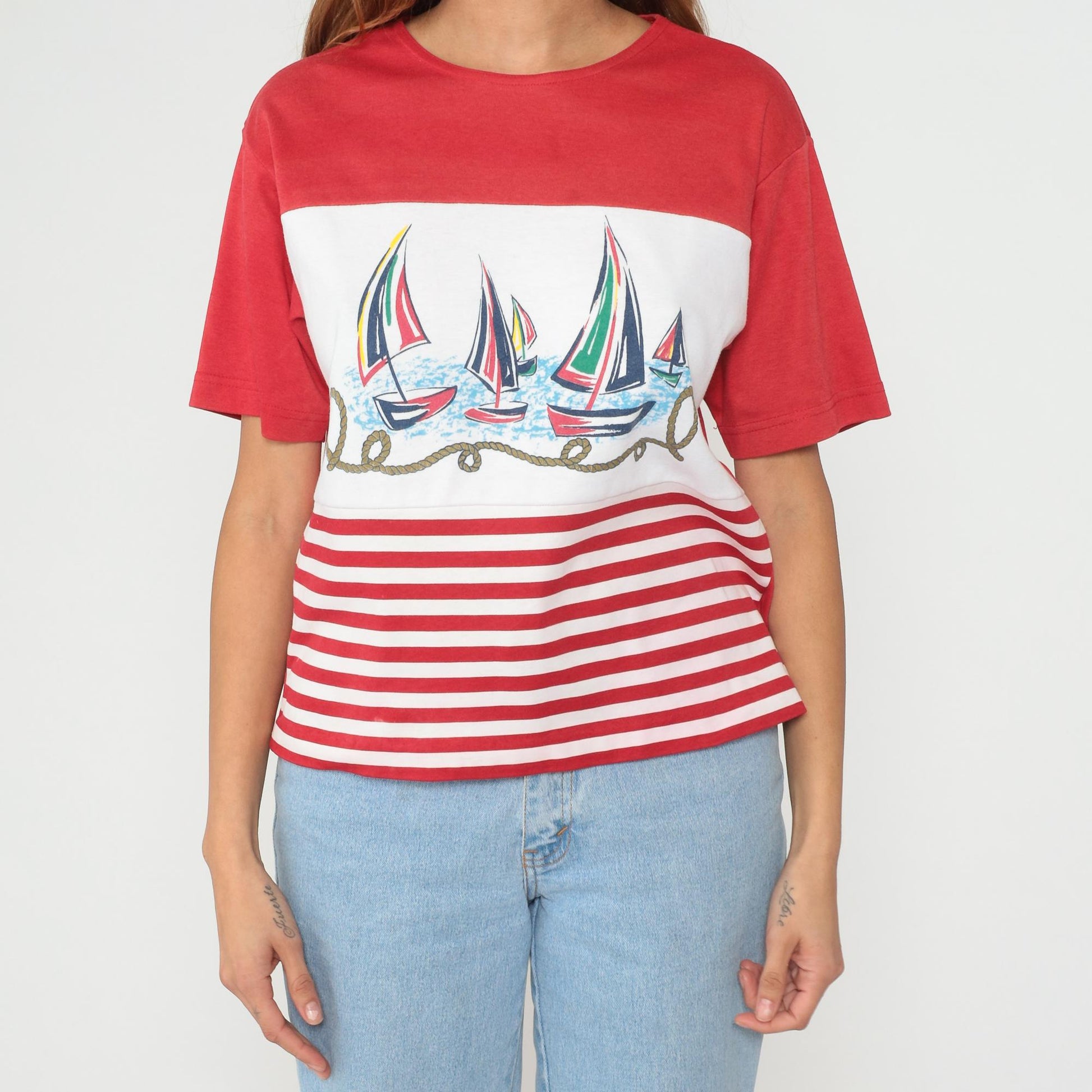 90s Sailboat Nautical Red White Striped Cotton Graphic Tee Large L