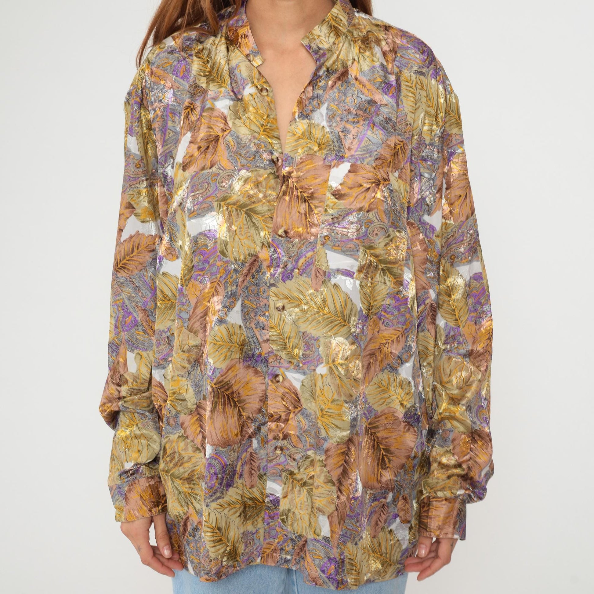 80s Leaf Paisley Button Blouse Purple Gold Brown Cream Extra Large XL