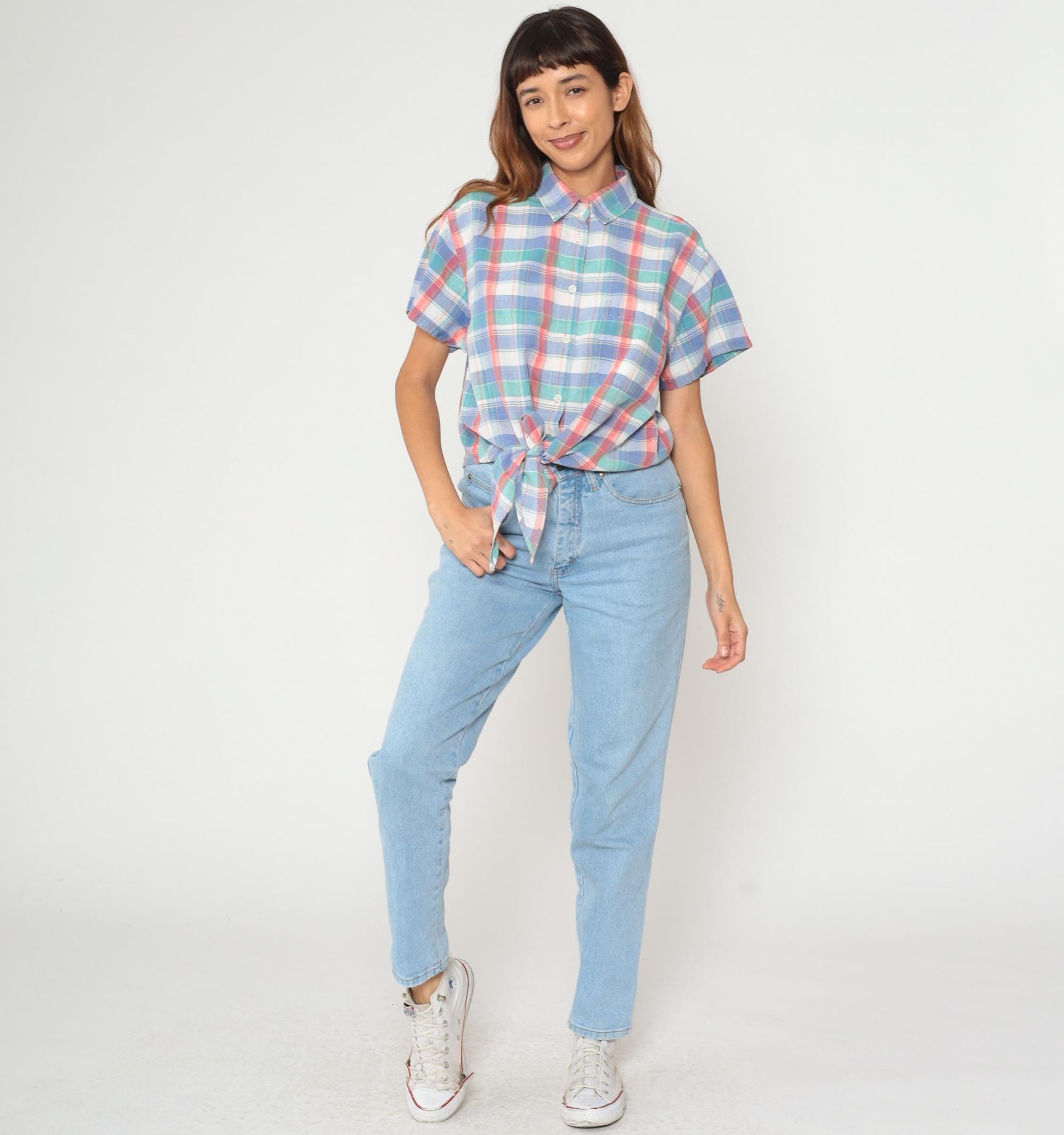 90s Sorrel Plaid Cropped Shirt Cotton Blue Green Pink White Checkered Large