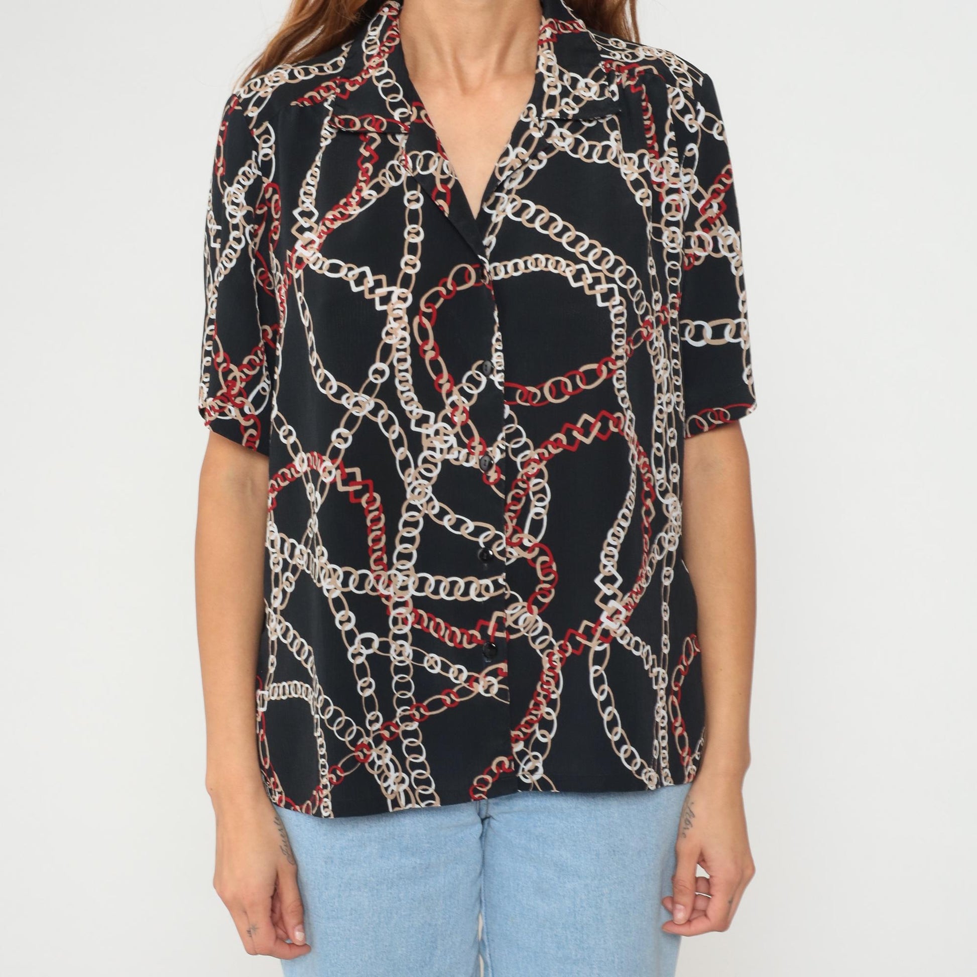 90s Donnkenny Chain Link Print Blouse Black White Red Short Sleeve Large L