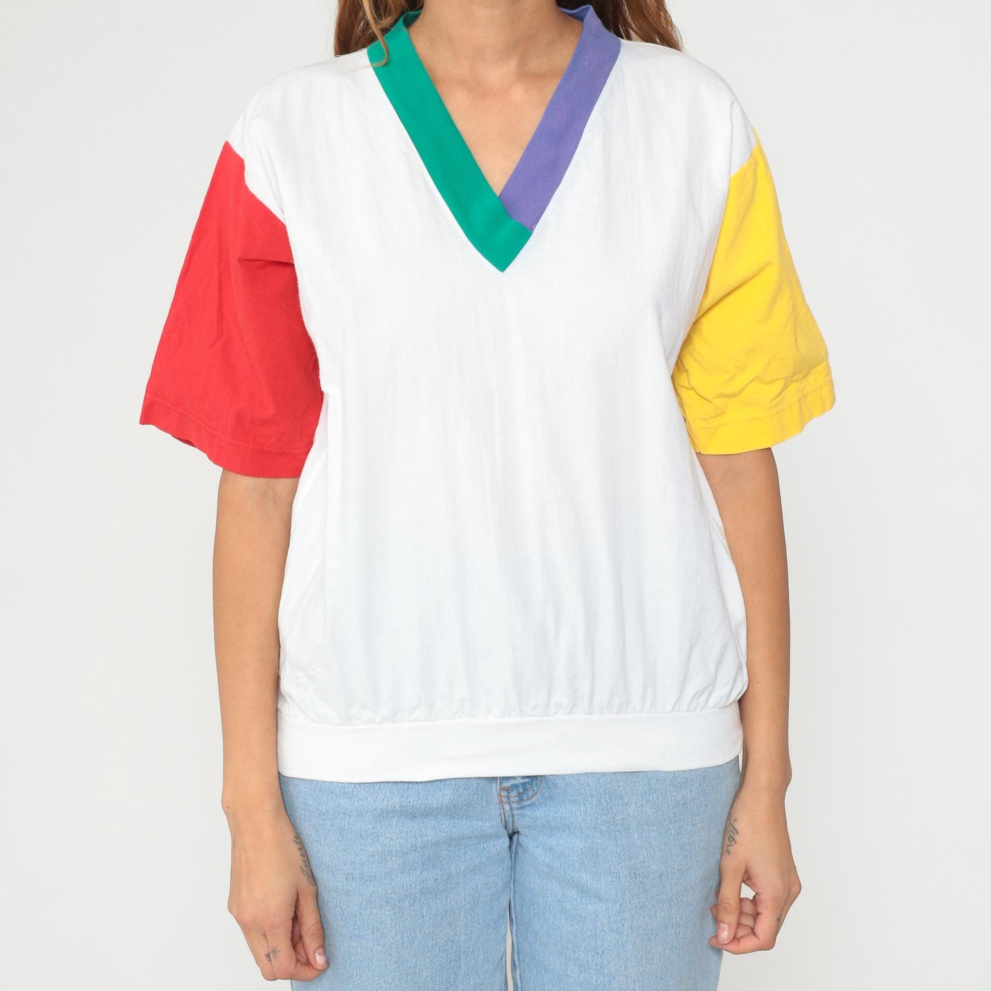 90s Colorblock Cotton V-Neck Shirt Yellow Red Purple Teal Medium M