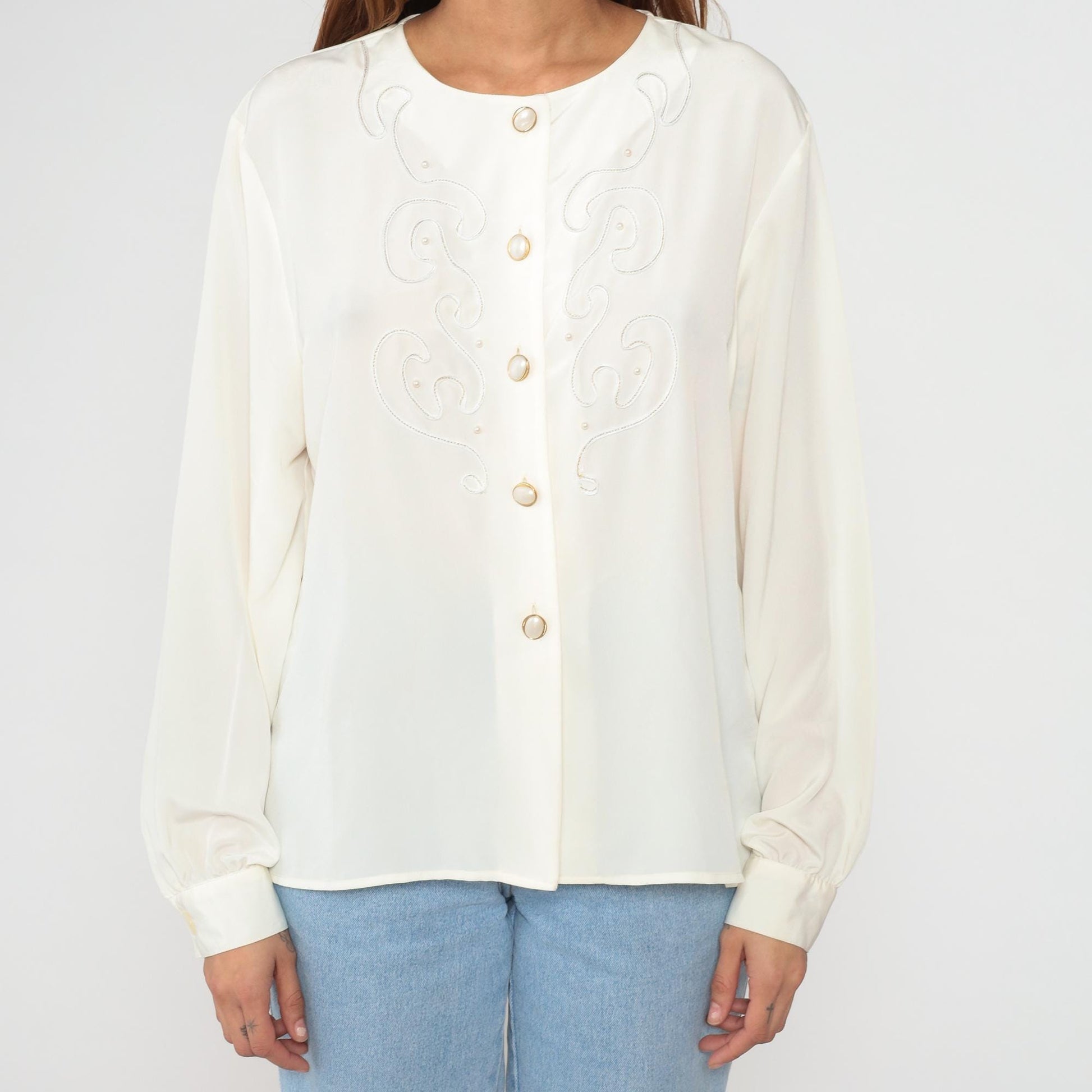 90s Worthington Cream Embroidered Blouse Long Sleeve Button Front Large L
