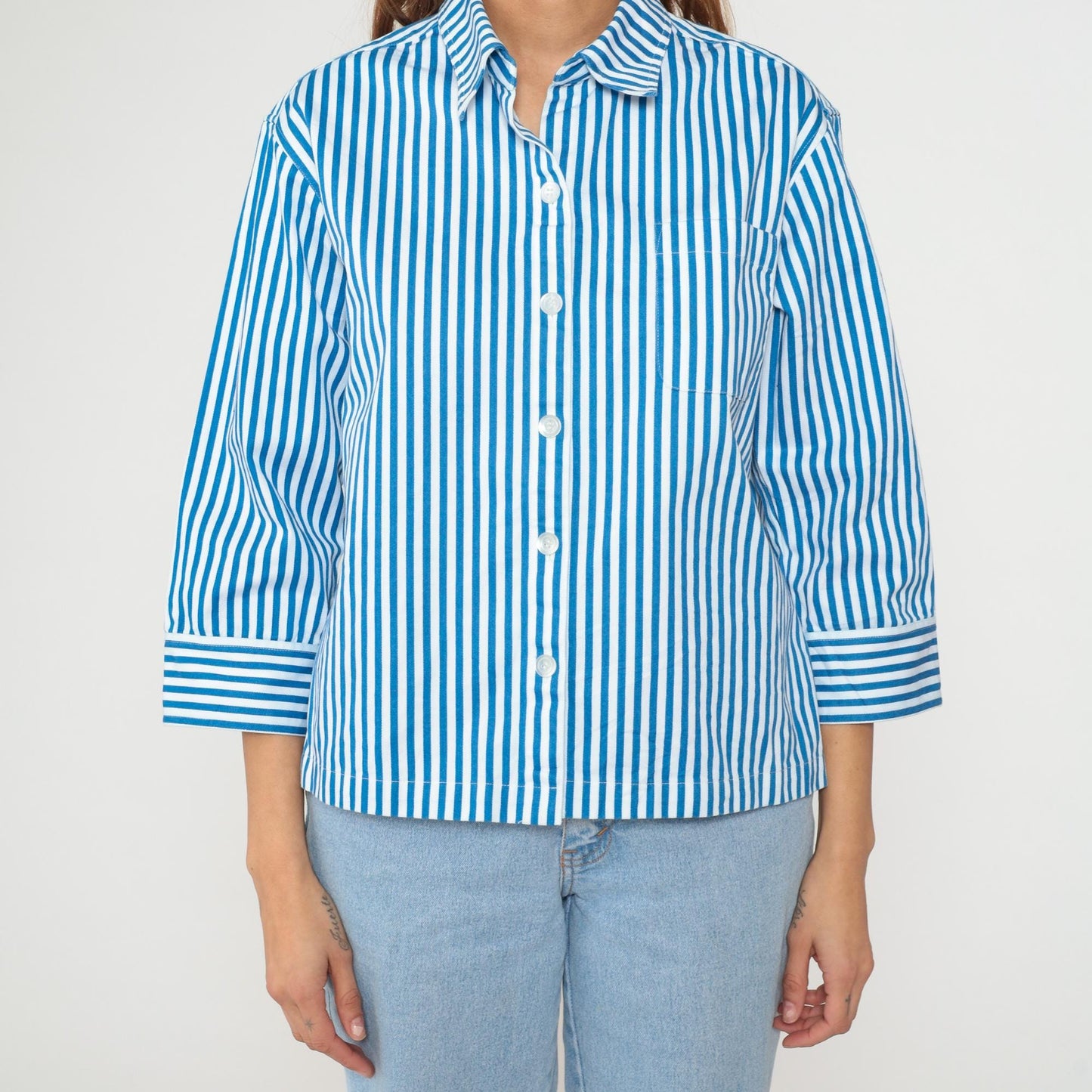 Y2K Norm Thompson Blue White Striped Cotton Blouse Cropped Large L