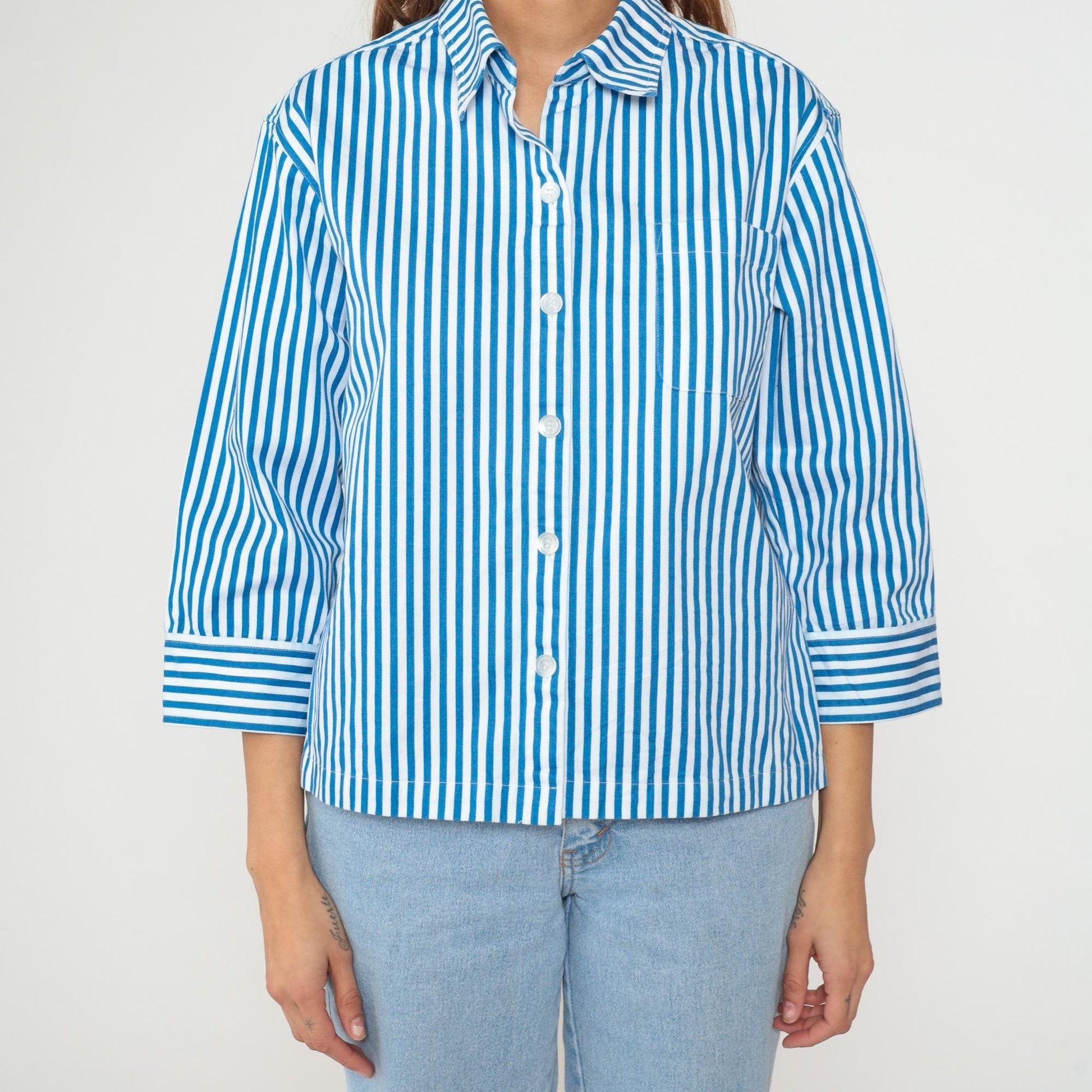 Y2K Norm Thompson Blue White Striped Cotton Blouse Cropped Large L