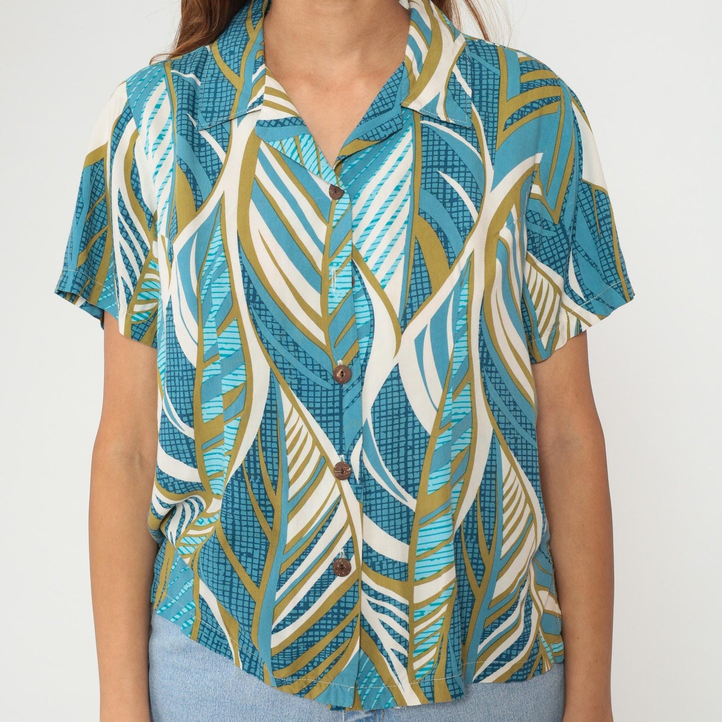 Y2K Hawaiian Shirt Aloha Hut Turquoise Palm Leaf Print Medium M