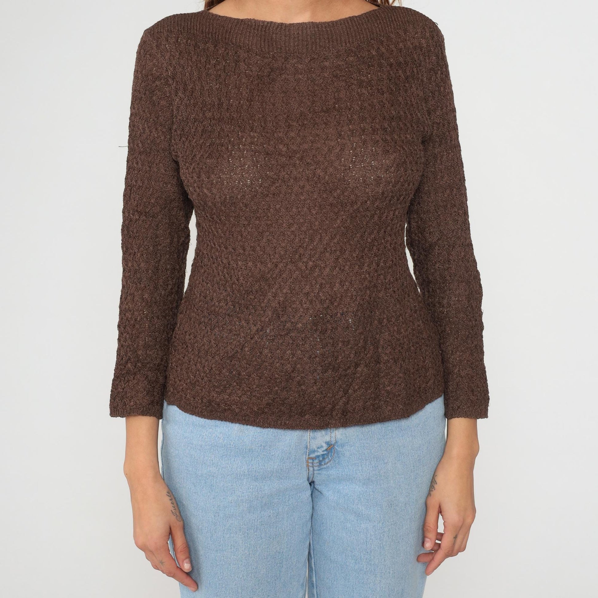 90s Brown Knit Sweater Boat Neck Coral Button Pullover Medium M