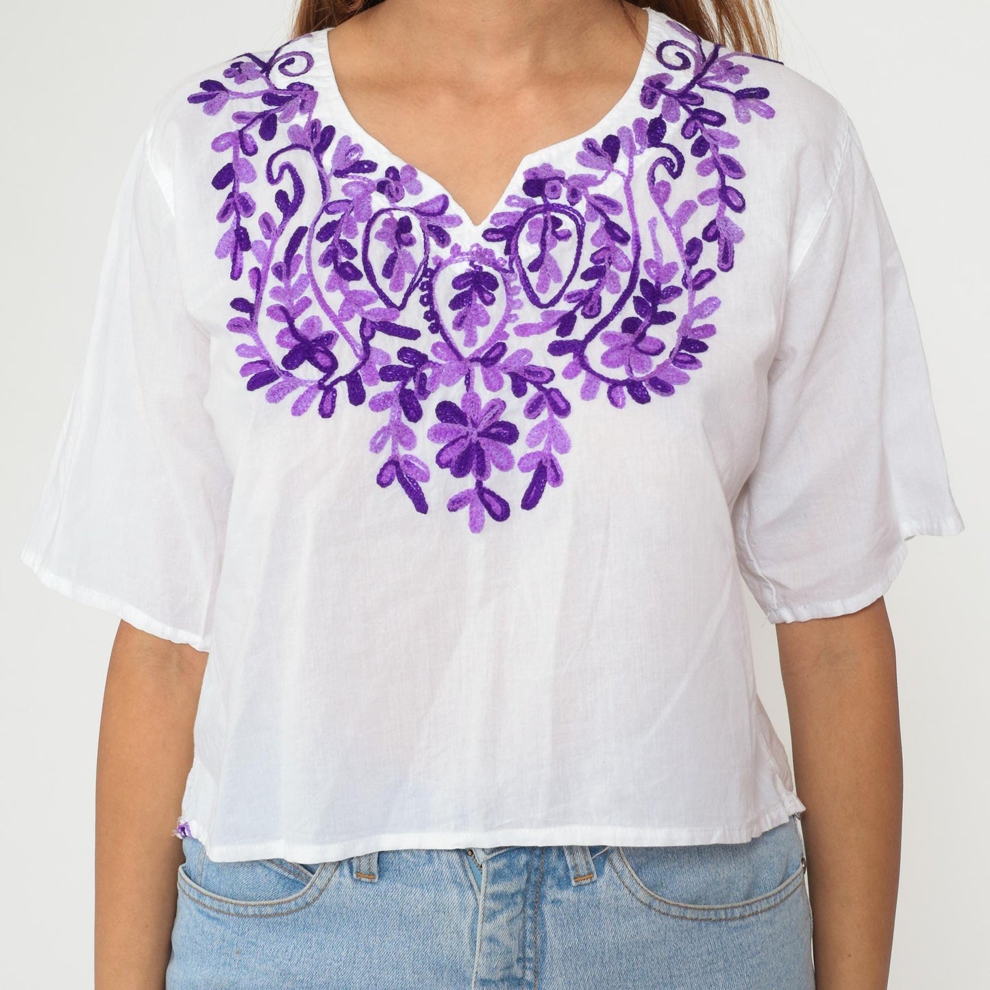 Y2K Mexican Embroidered Cotton Crop Top White Purple Floral Medium M