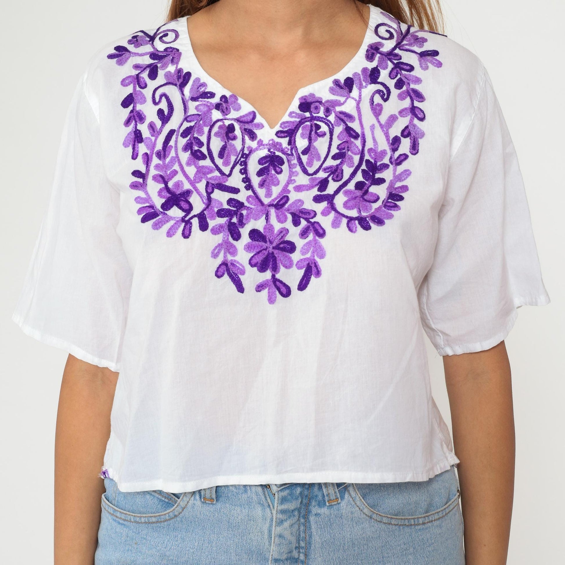 Y2K Mexican Embroidered Cotton Crop Top White Purple Floral Medium M