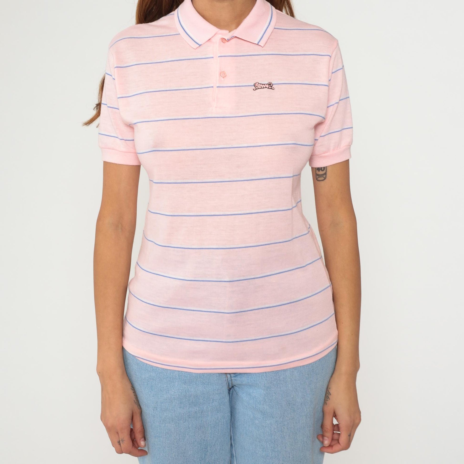 80s Le Tigre Polo Shirt Pink Blue Stripe Cotton Short Sleeve Small S