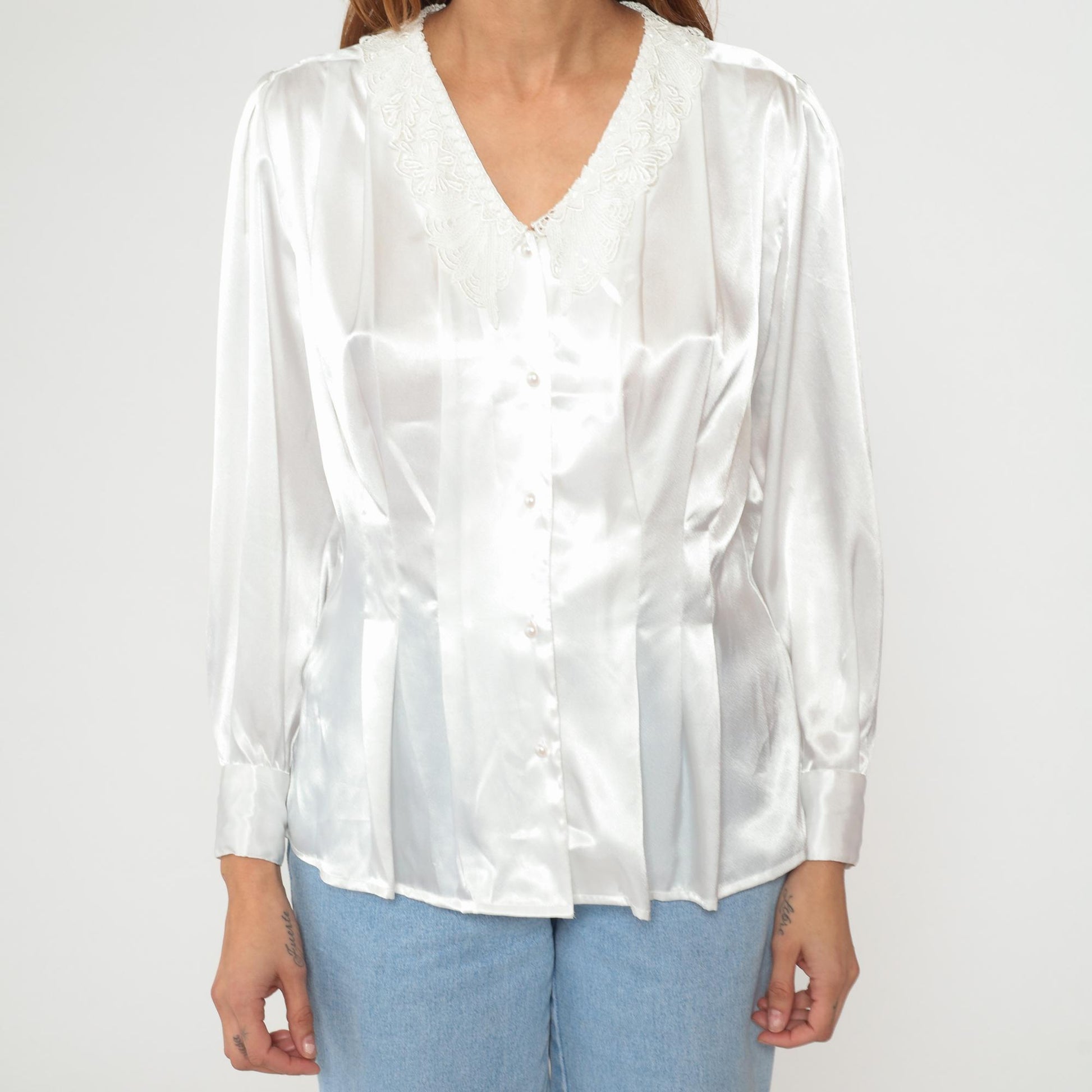 90s White Satin Blouse Lace Collar Puff Shoulders Pearl Buttons Small