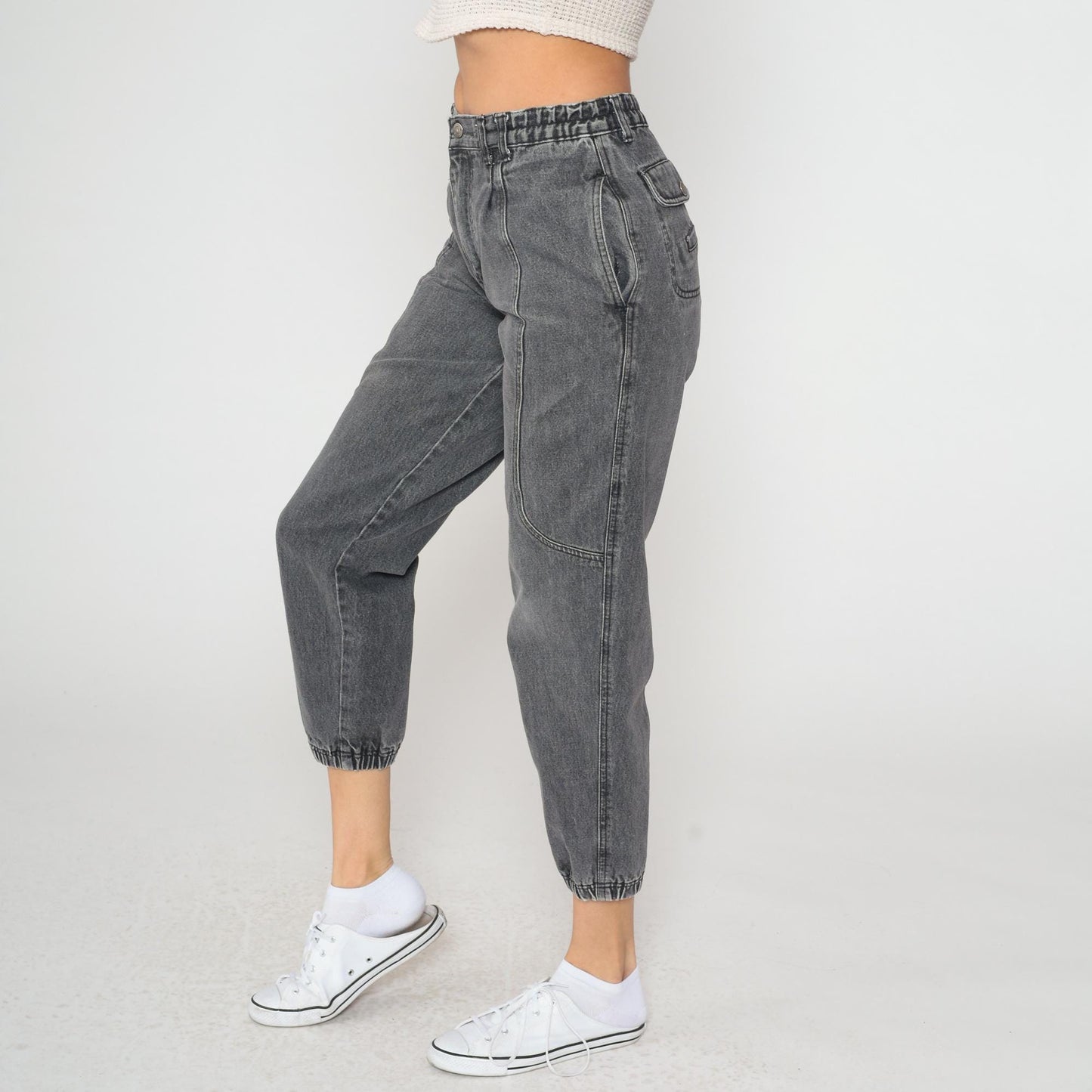 80s Apparatus Denim Joggers Gray Acid-Washed High-Waisted Tapered Ankle Cuff Medium