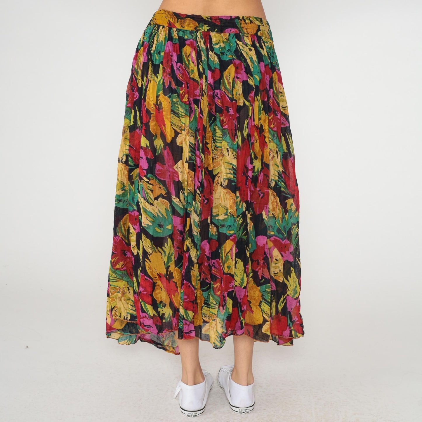 90s Tropical Floral Midi Skirt Cotton Gauze Elastic Waist Multicolor Large