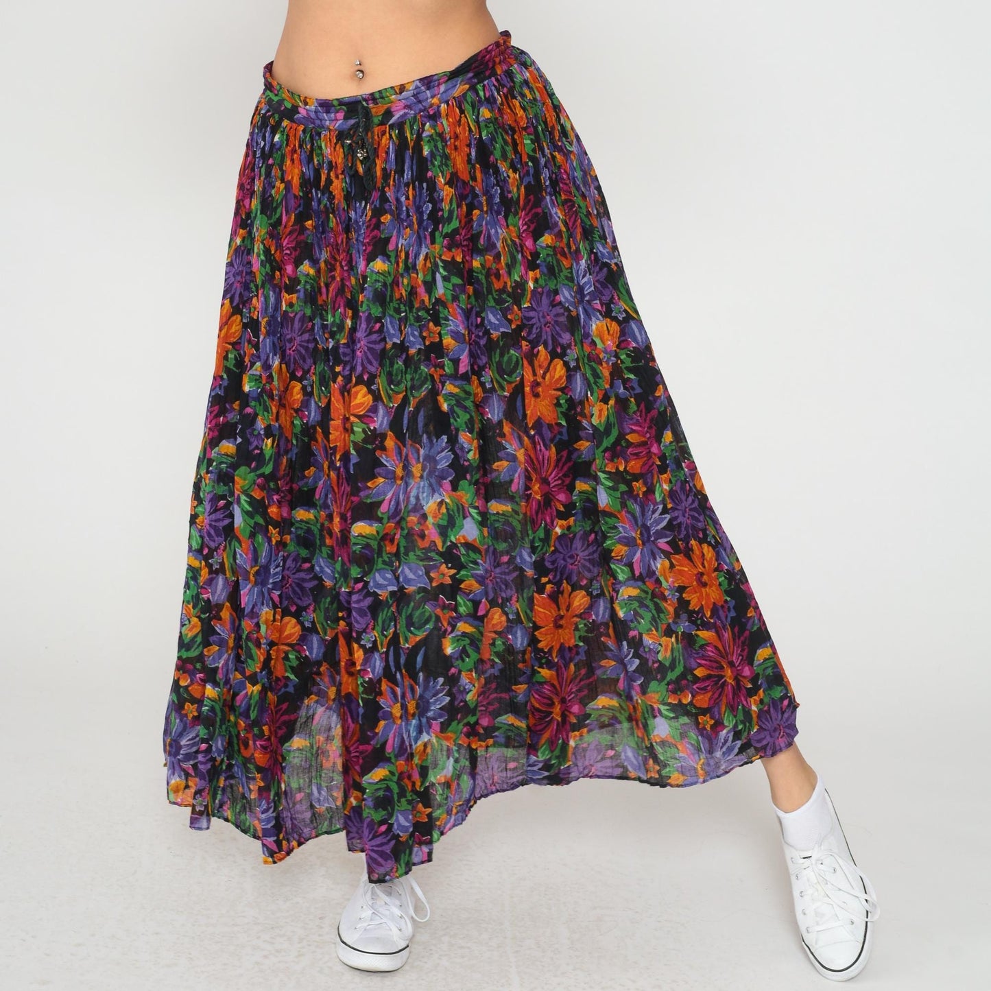 90s Short Circuit Floral Maxi Skirt Gauze Tiered Elastic Waist Medium Large