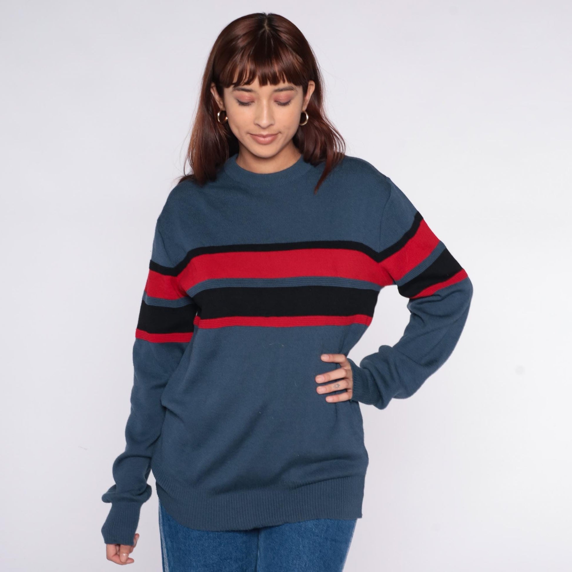 70s Meister Wool Sweater Striped Grey Red Black Crew Neck Extra Large XL
