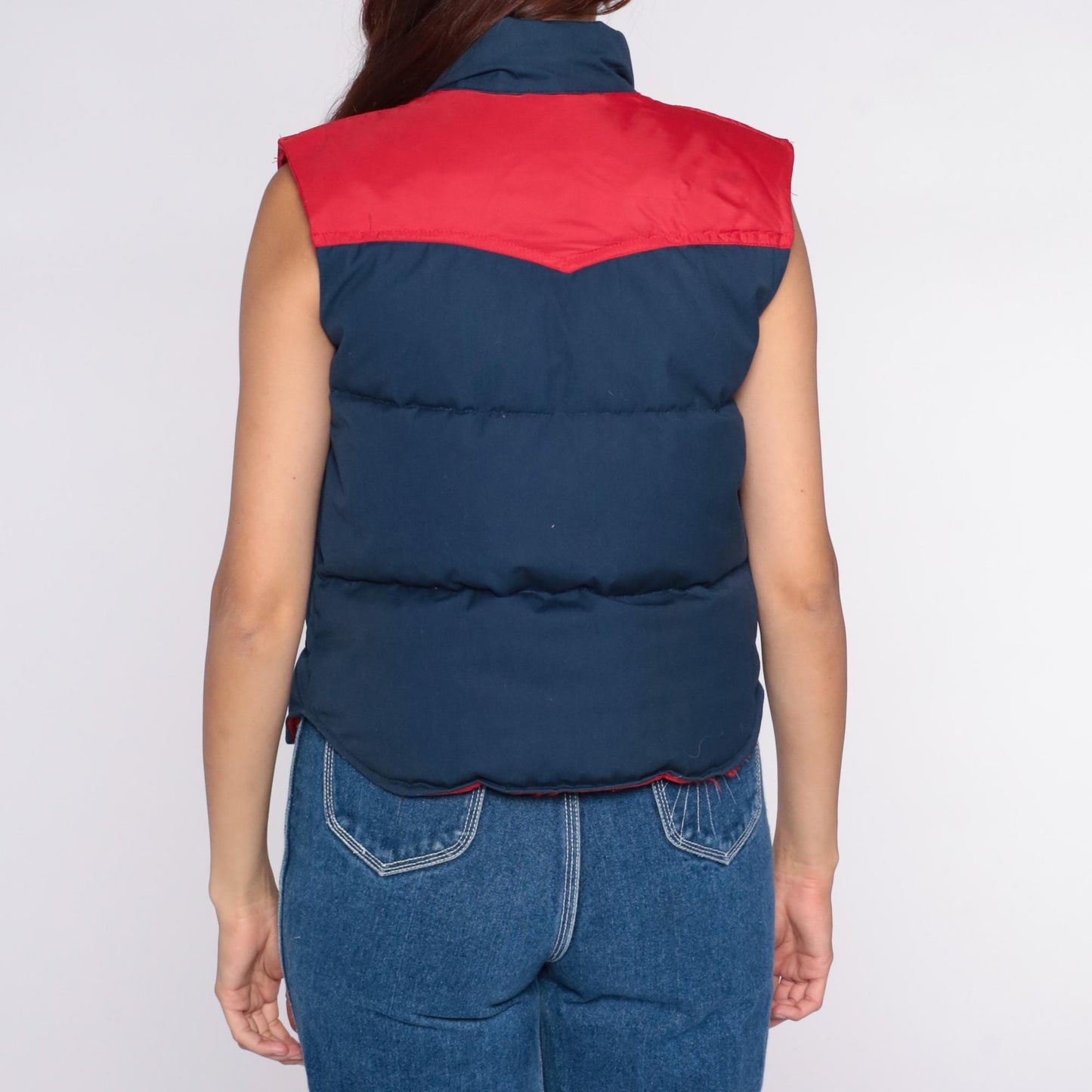 80s Brandon Colorado Navy Red Quilted Down Vest Western Yoke Extra Small XS