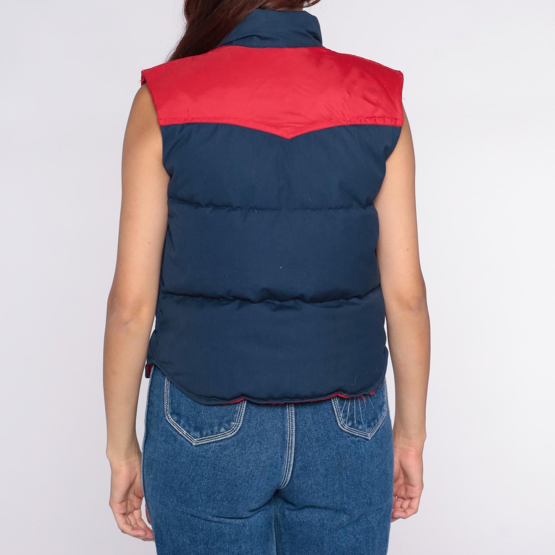 80s Brandon Colorado Navy Red Quilted Down Vest Western Yoke Extra Small XS