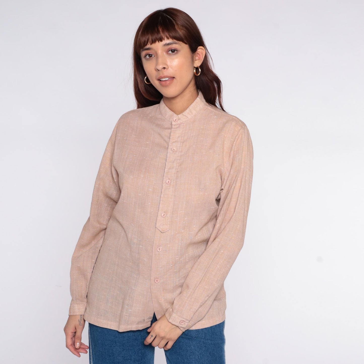 70s Mar Vista Cream Button-Up Blouse Band Collar Long Sleeve Medium