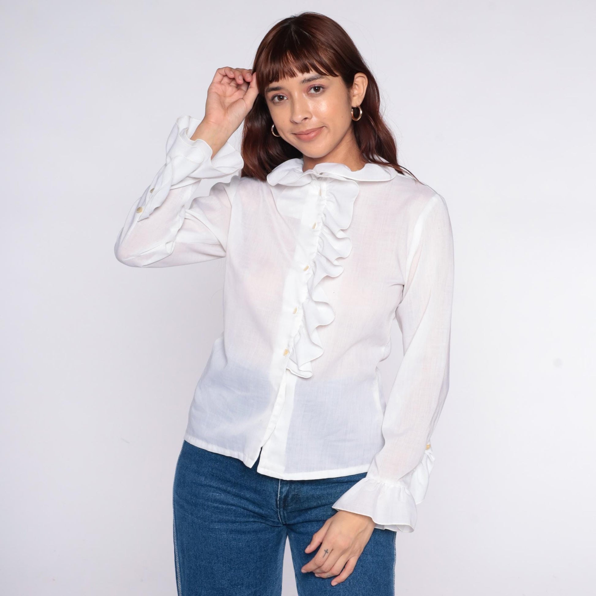 70s Fritzi White Ruffled Collar Cotton Blouse Medium M