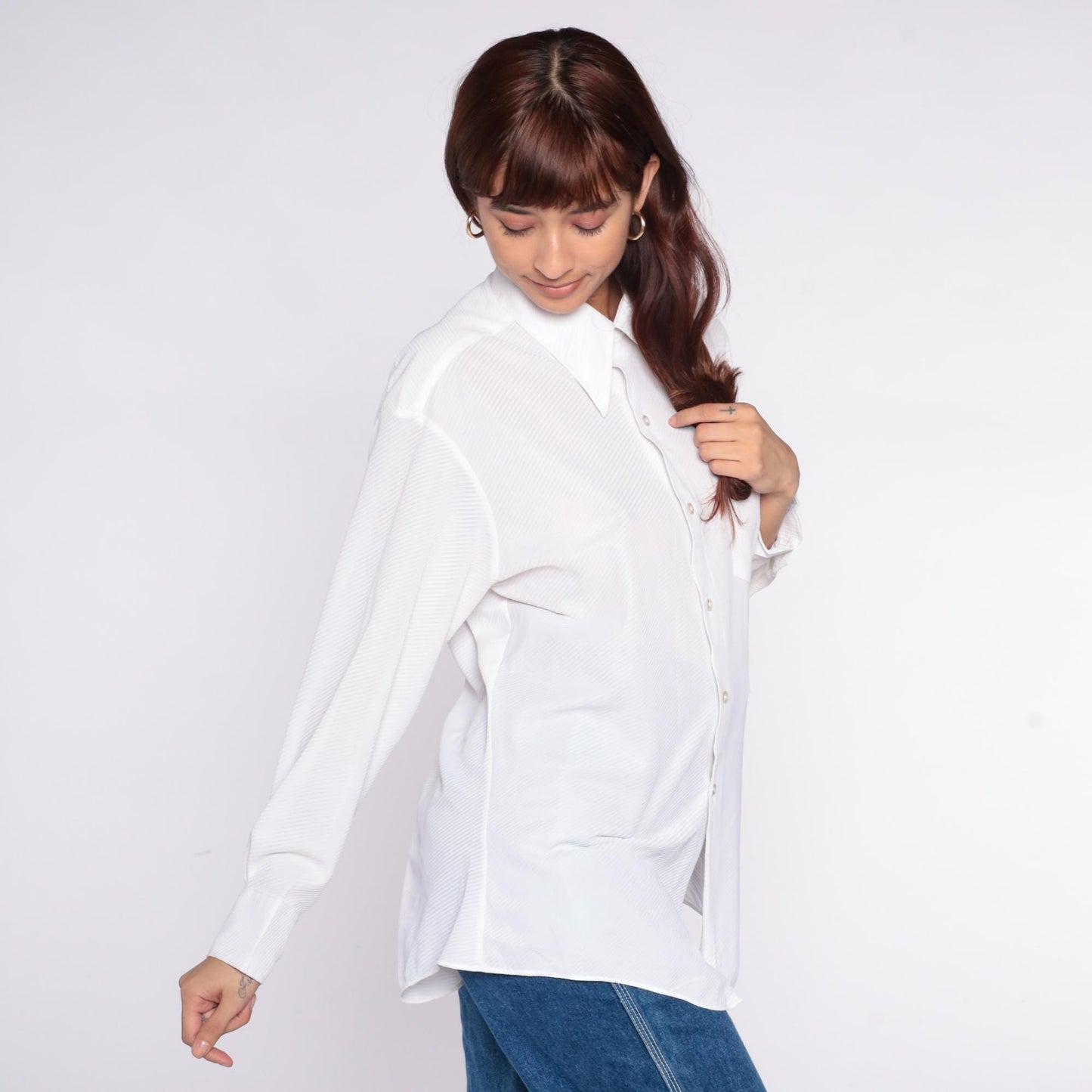 70s Montgomery Ward White Button-Up Shirt Diagonal Ribbed Long Sleeve Large