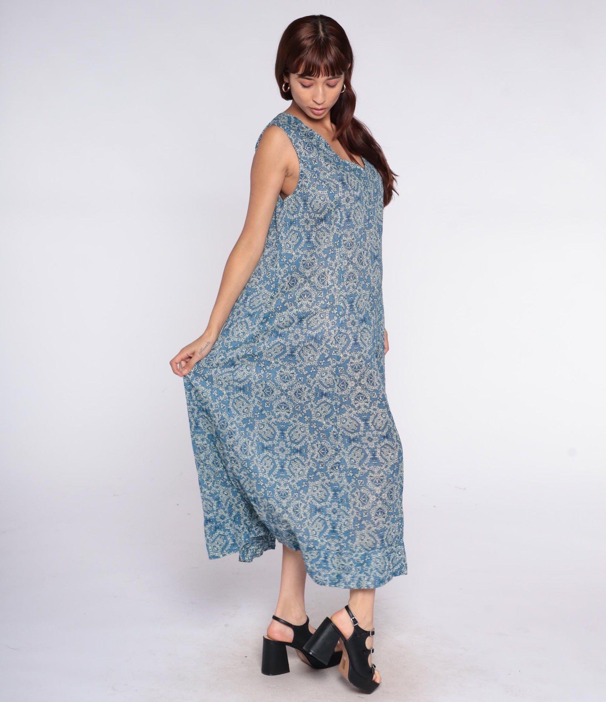 Y2K Coldwater Creek Blue Paisley Maxi Dress Plus Size Cotton V-Neck Sleeveless Extra Extra Large XXL