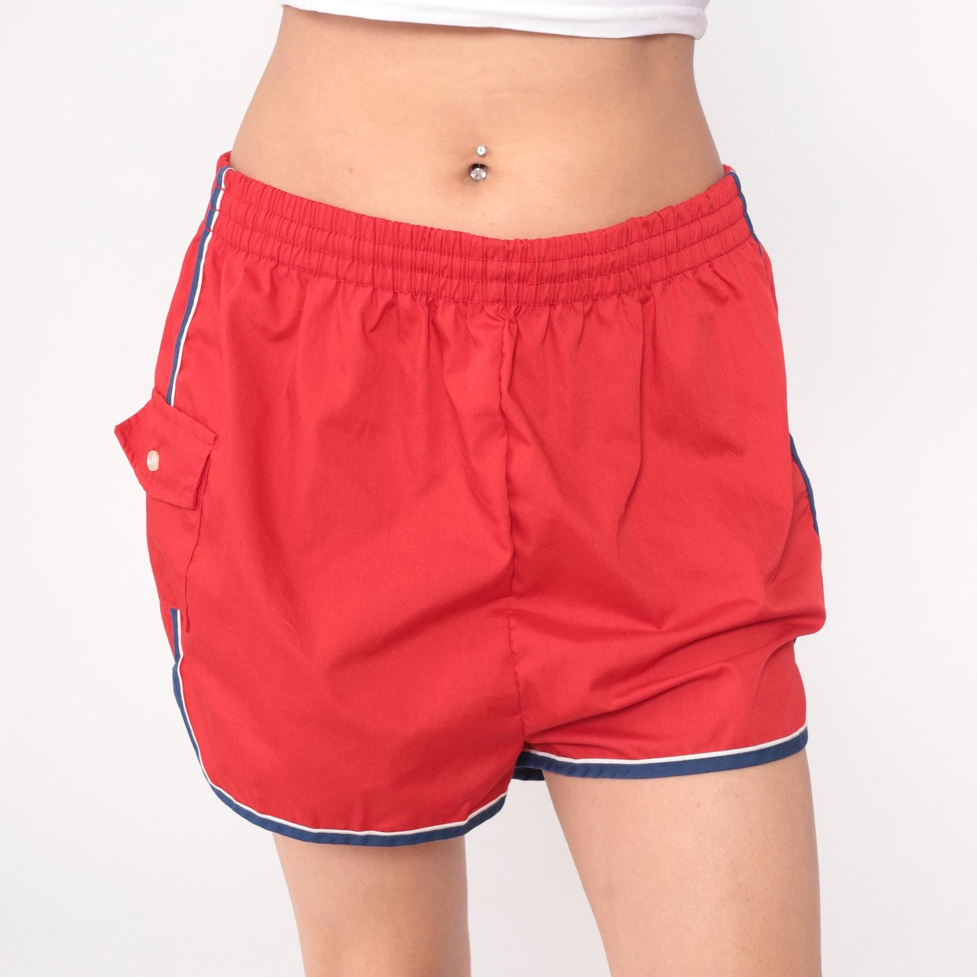 80s Red Jogging Shorts Navy Striped Trim Elastic Waistband Extra Large