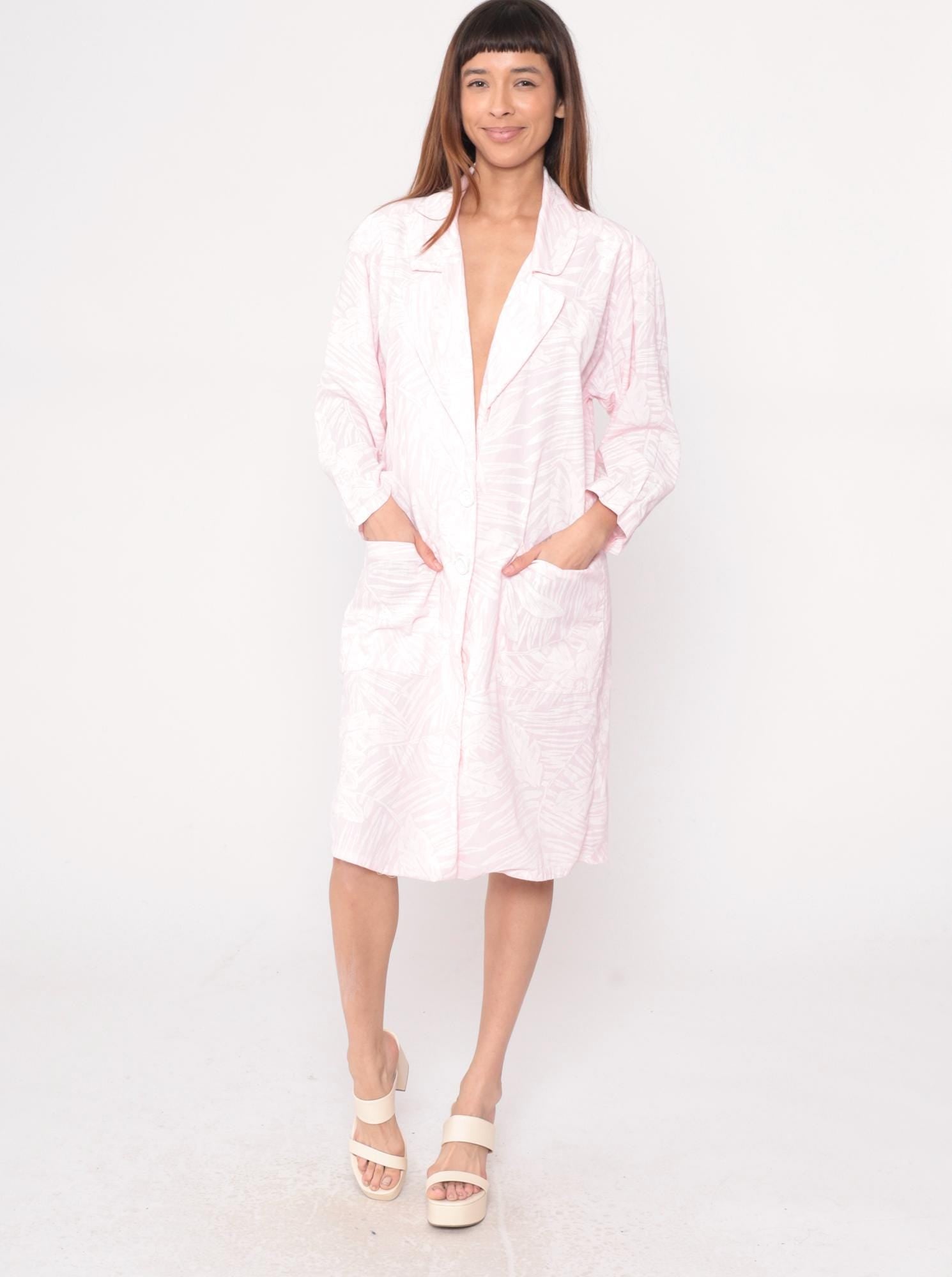80s Pink Floral Robe Knee-Length Button-Front House Coat Medium