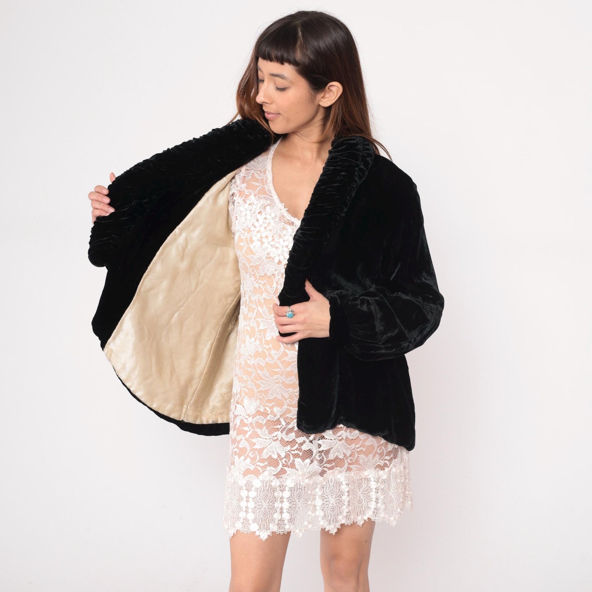 1930s Black Velvet Blazer Silk Lined Notched Collar Jacket Medium