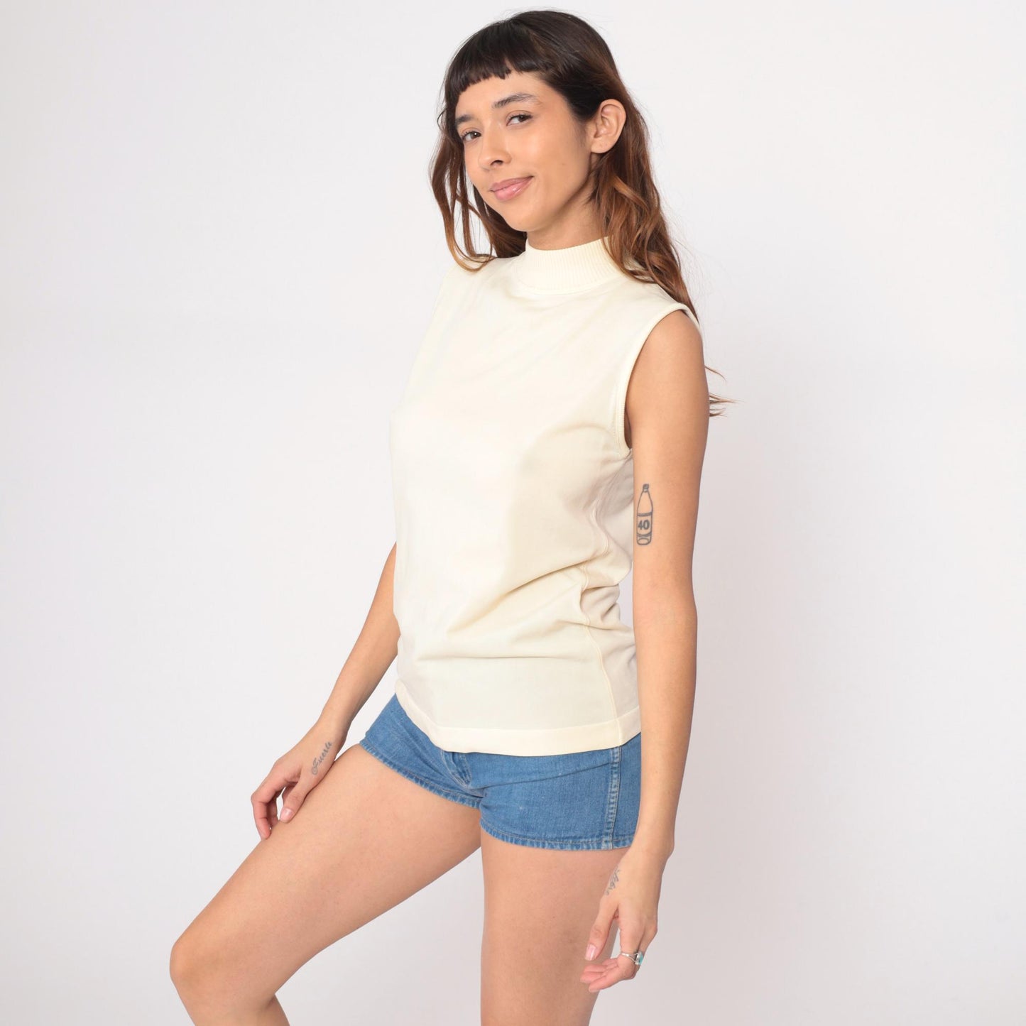 70s Cream Sleeveless Turtleneck Knit Shell Tank Top Small