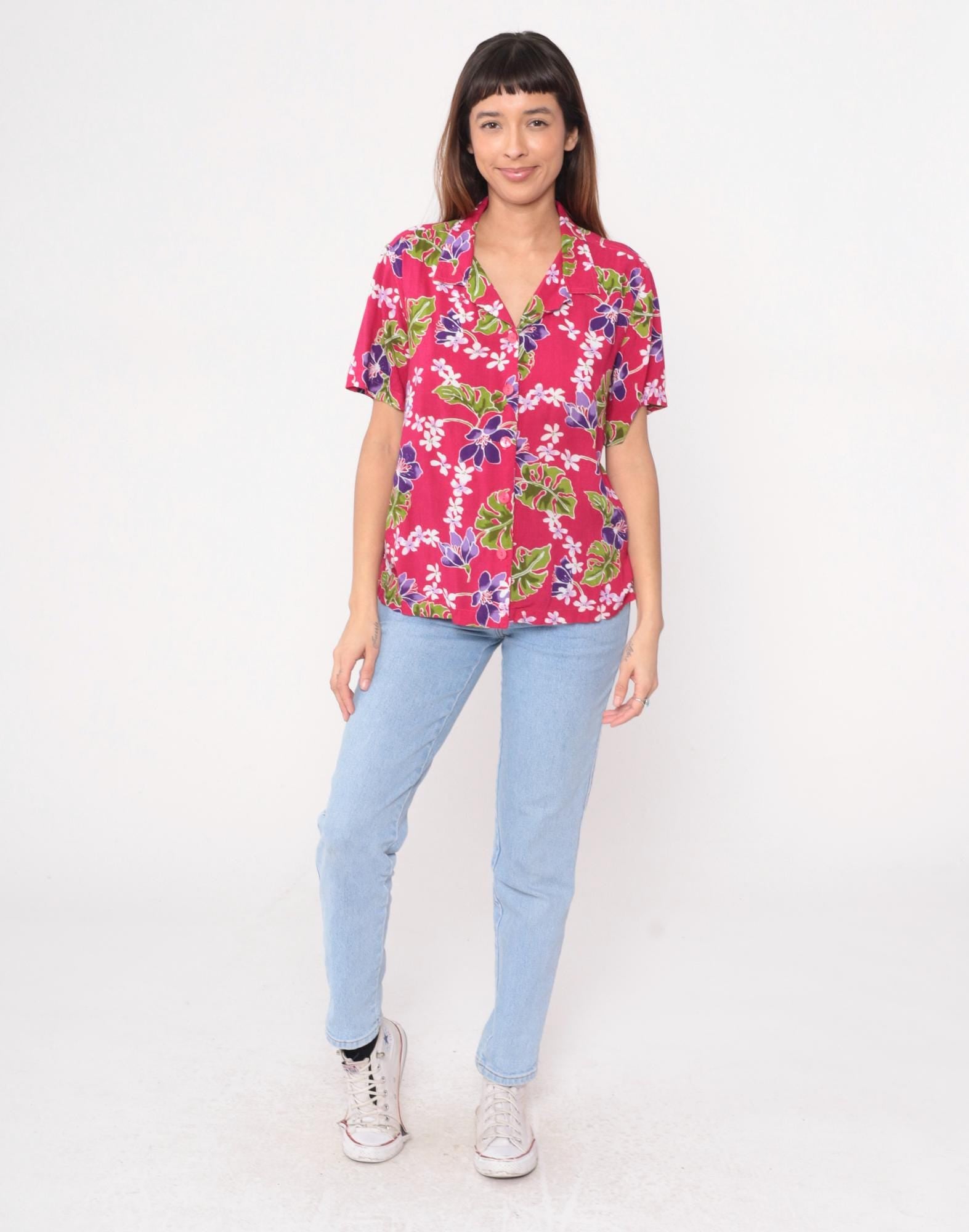 90s Basic Editions Hawaiian Shirt Fuchsia Floral Tropical Blouse Extra Large XL