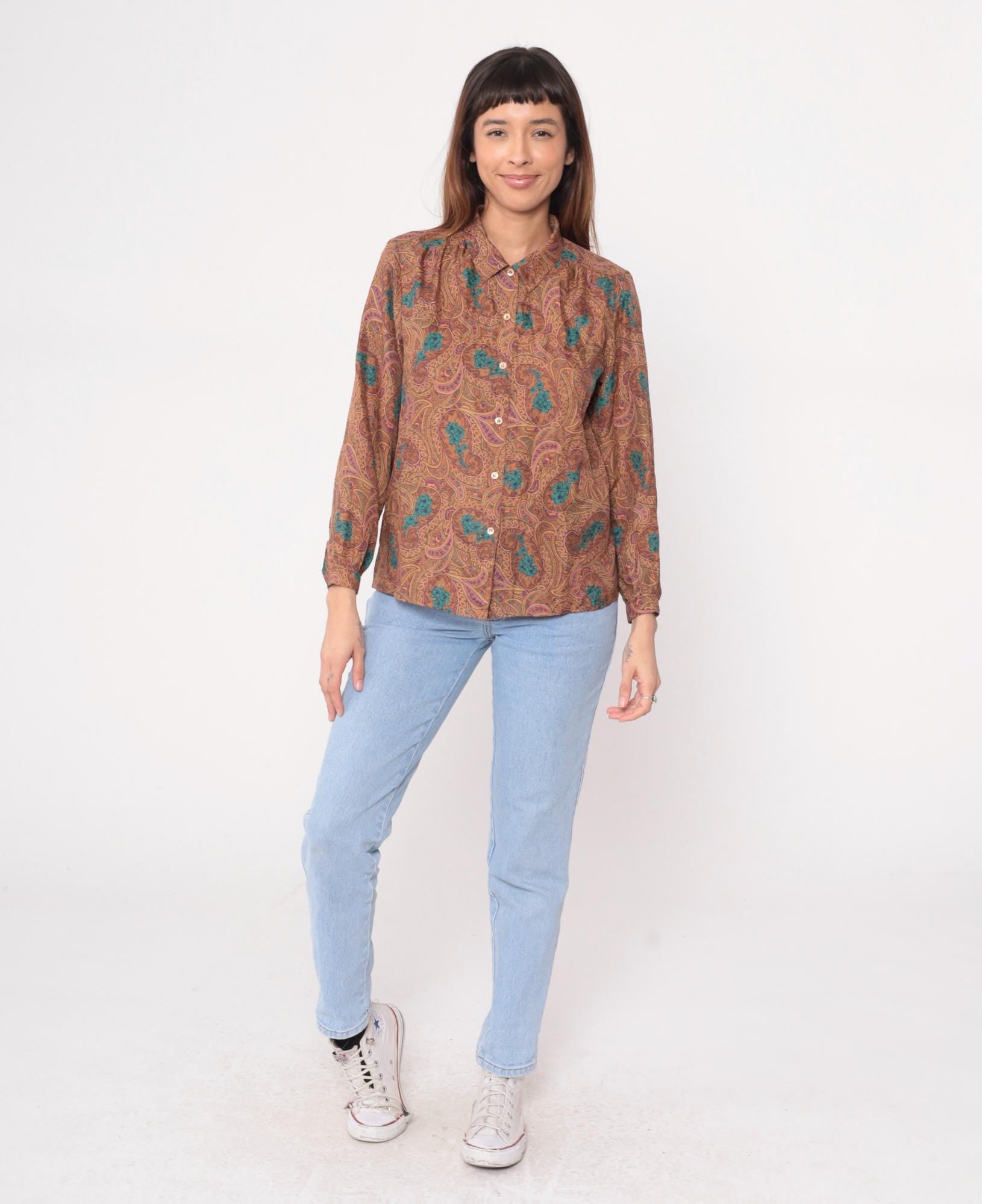 70s Paisley Button-Front Blouse Brown Turquoise Floral Long Sleeve Medium