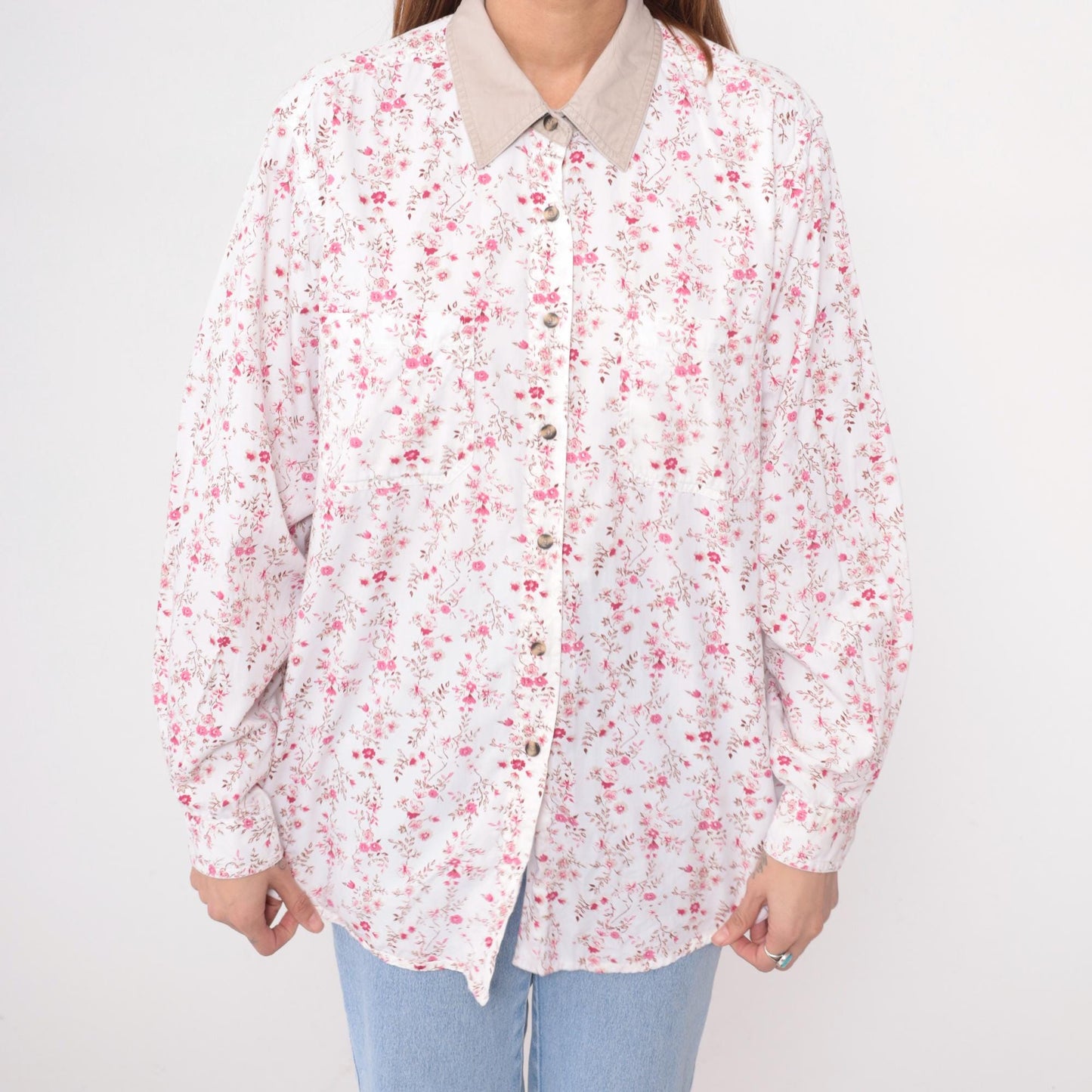 Y2K Cabin Creek Floral Button-Up Blouse White Pink Tan Collar Plus Size XXL