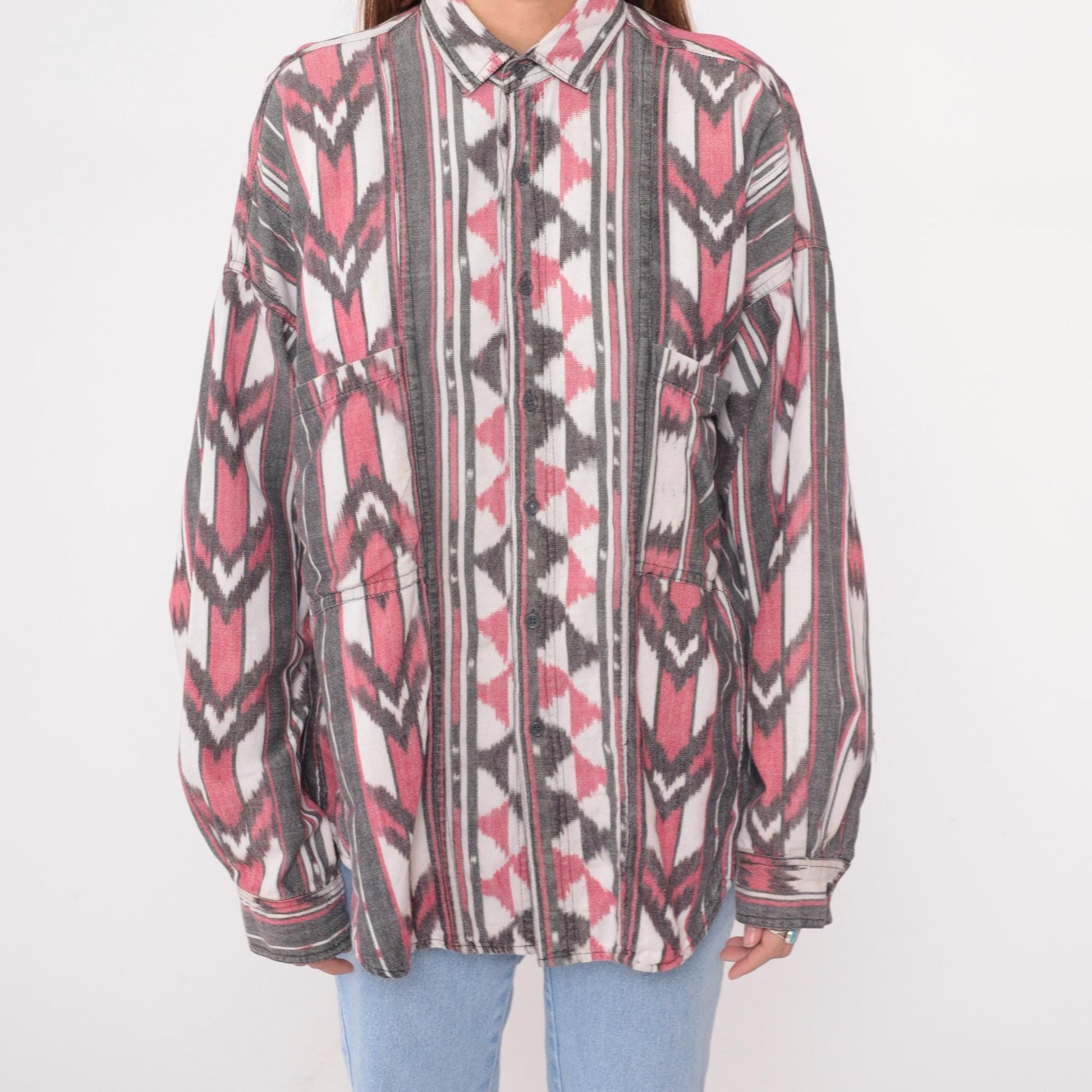 90s Laura Kiran Southwestern Ikat Button Shirt Pink Grey Cotton Extra Large XL