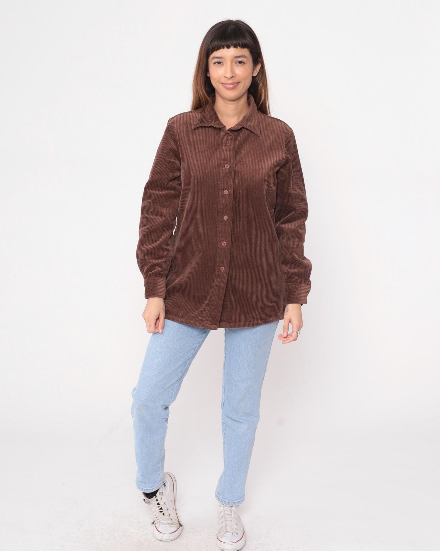 Y2K Brown Corduroy Button-Up Shirt Blair Pointed Collar Long Sleeve Medium