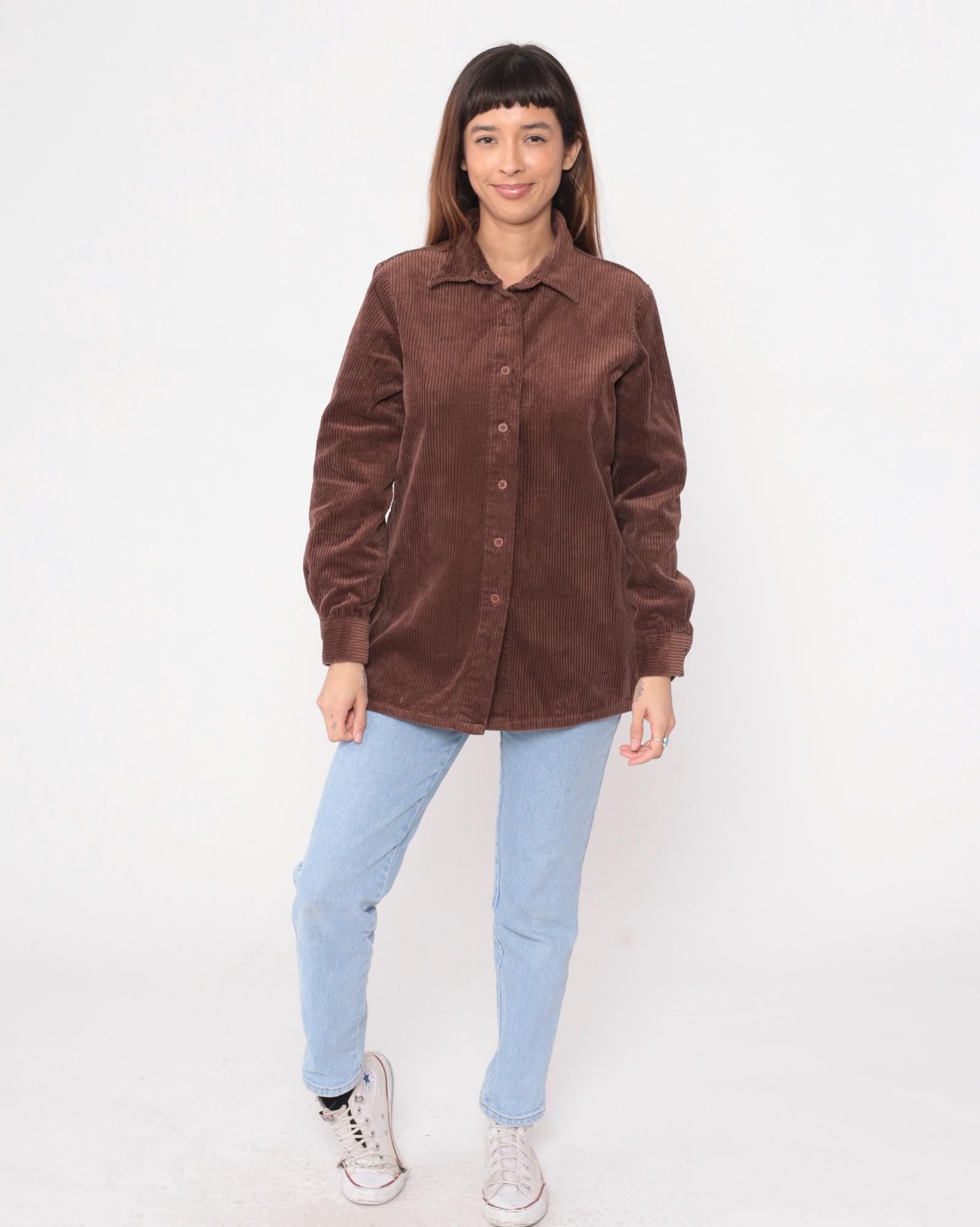Y2K Brown Corduroy Button-Up Shirt Blair Pointed Collar Long Sleeve Medium