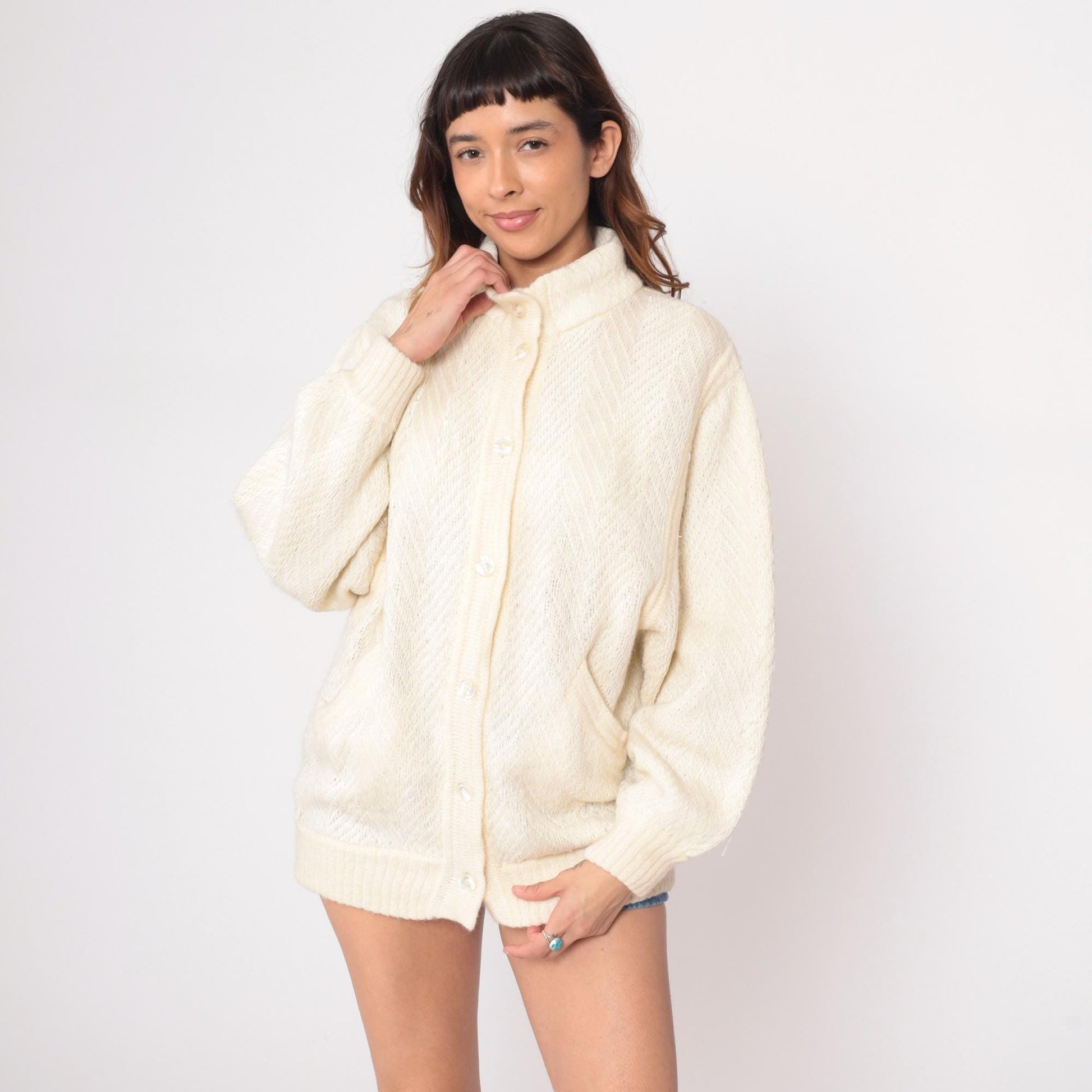 80s Leroy Cream Cardigan Open Lattice Knit Diamond Pattern Medium
