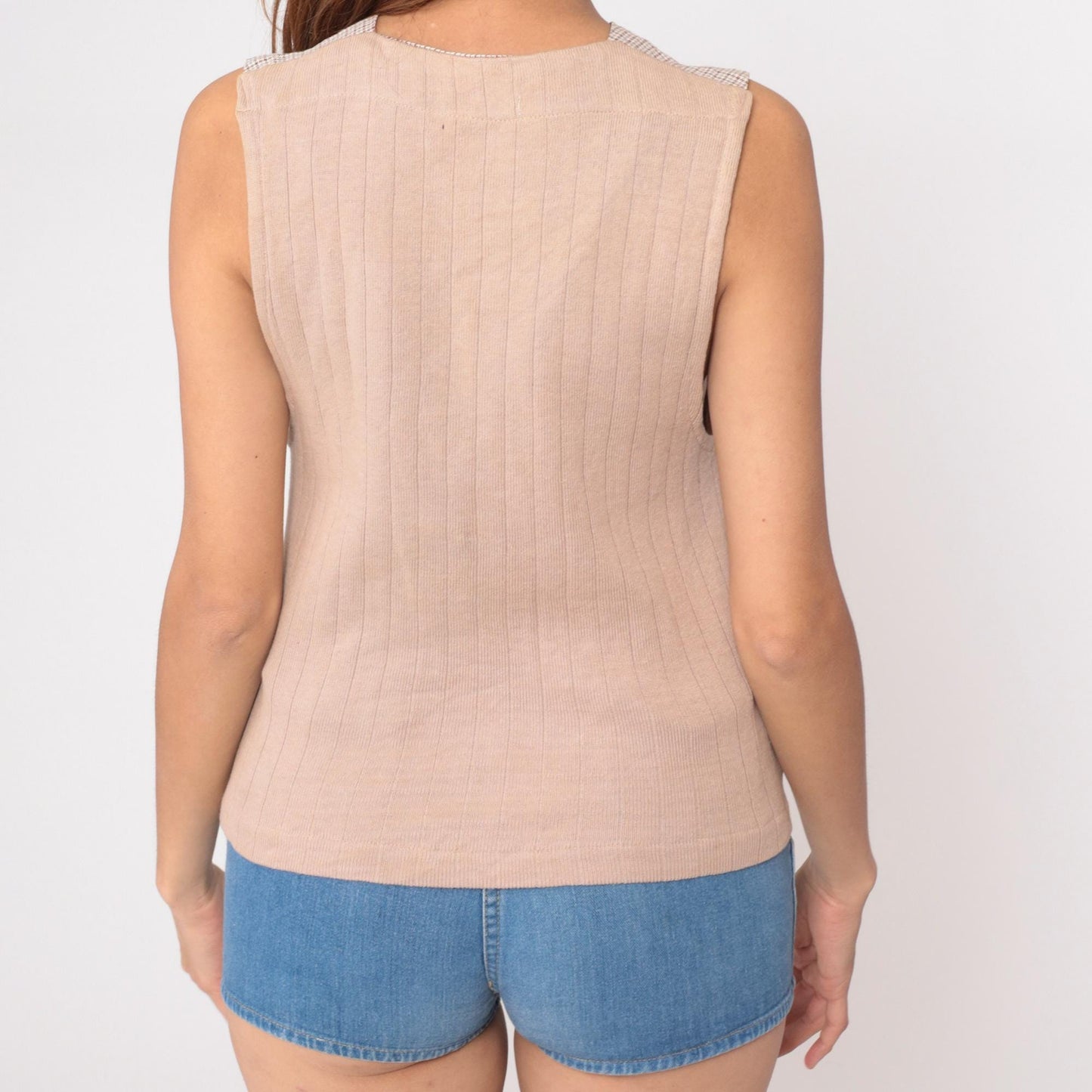 70s Campus Sportswear Cream Ribbed Knit Vest Houndstooth Trim Small