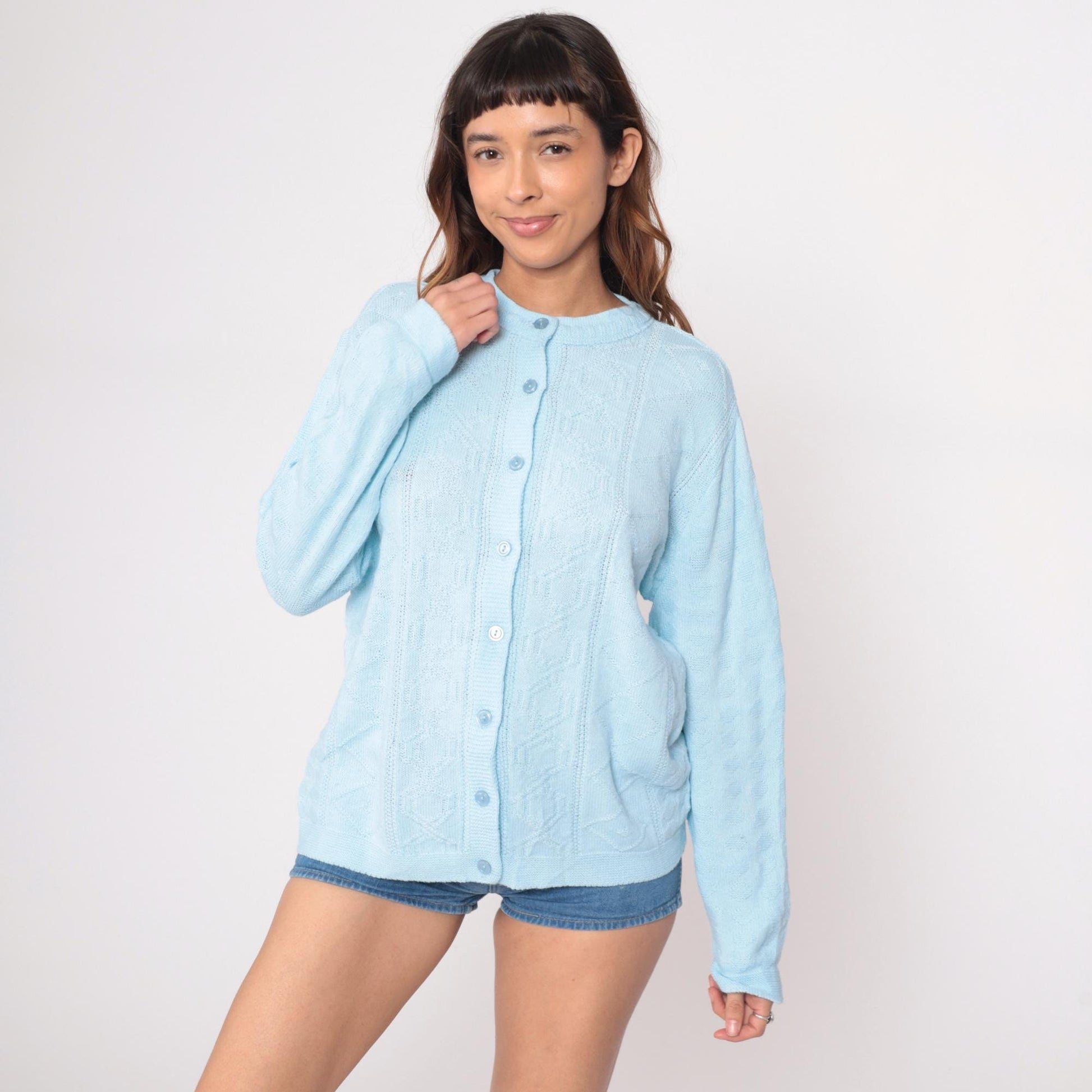 80s Pale Blue Cable Knit Cardigan Button Front Long Sleeve Large L