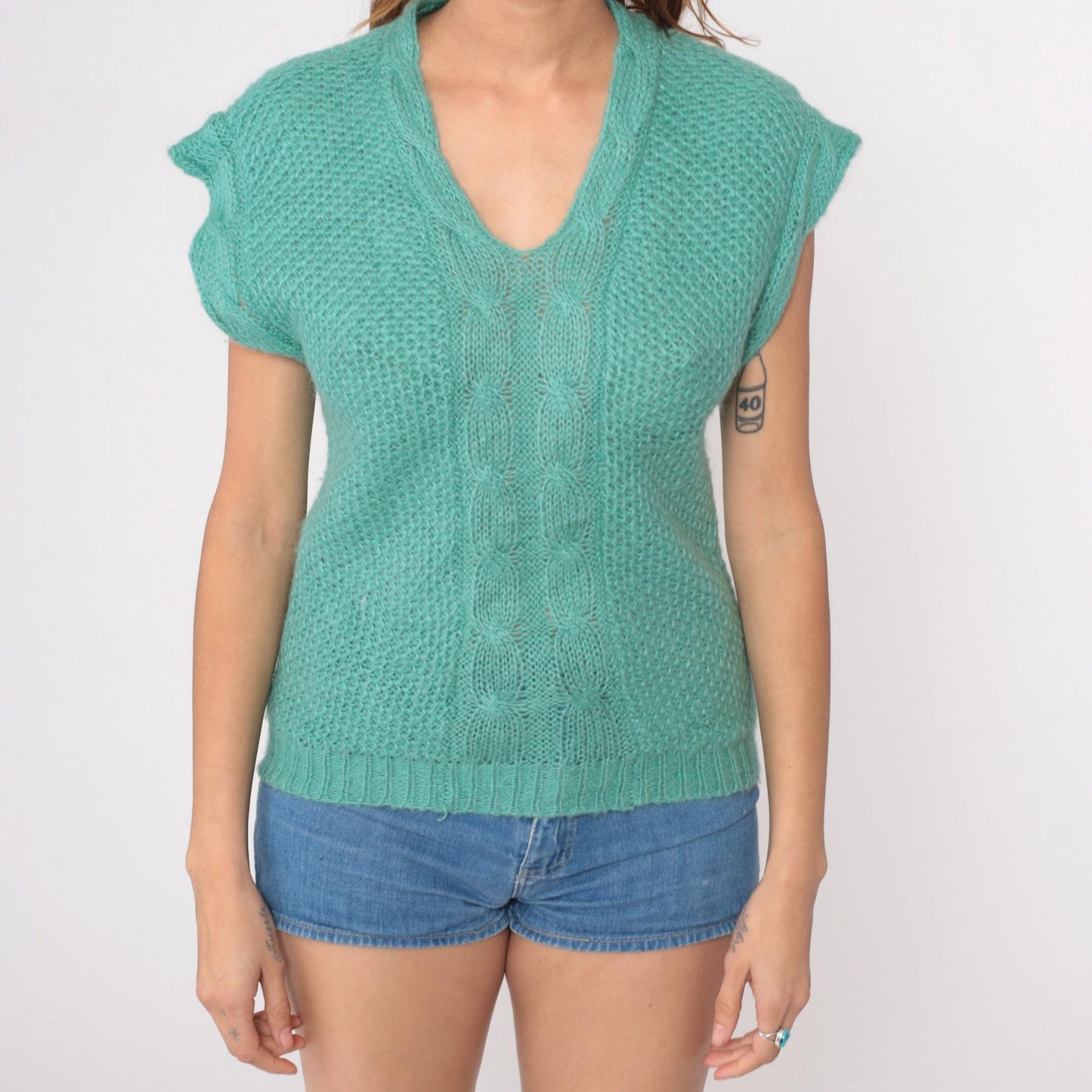 80s Lady Van Huesen Mint Green Cable Knit Sweater Vest V-Neck Small