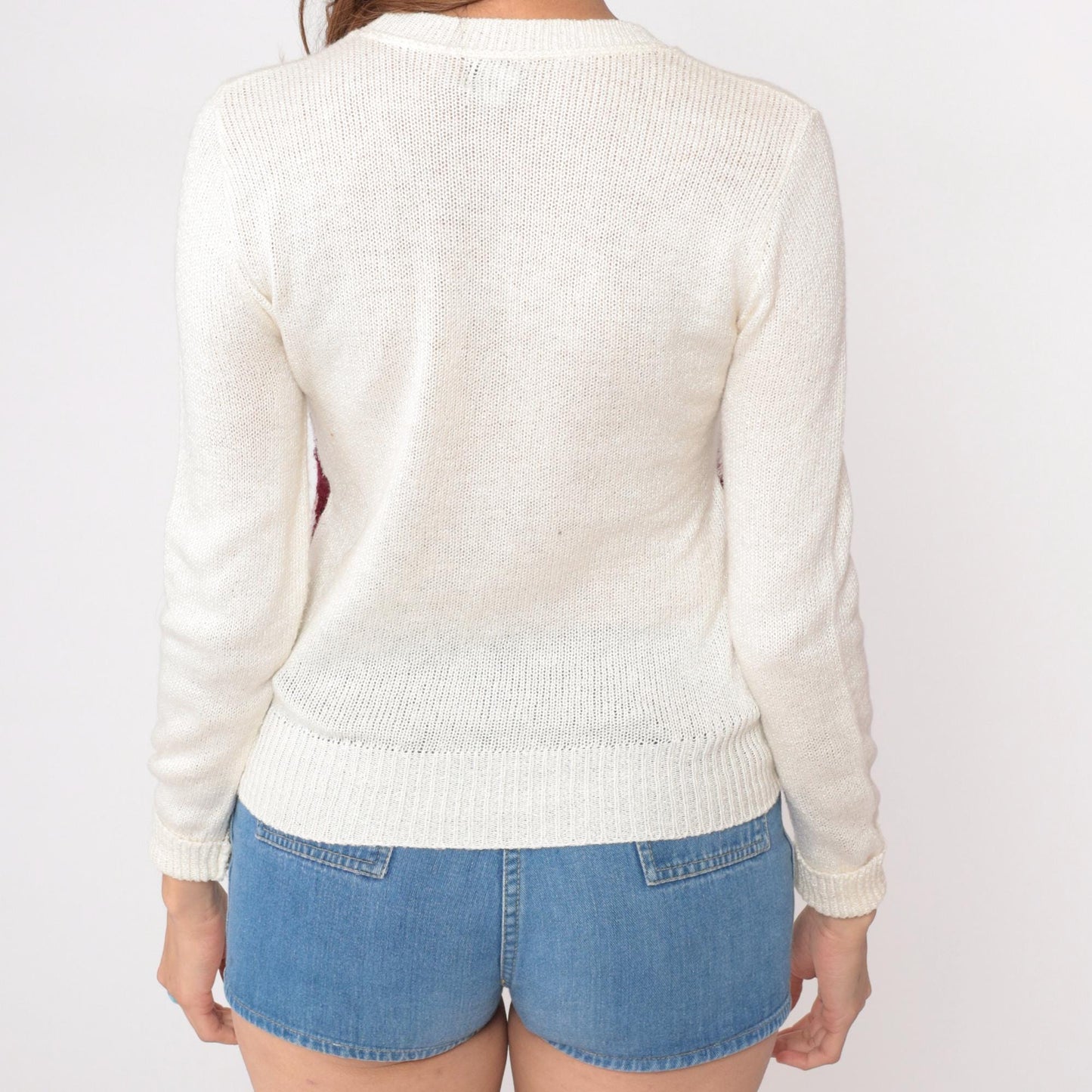 80s Cream Sweater Burgundy Mauve Diamond Geometric Crew Neck Small S