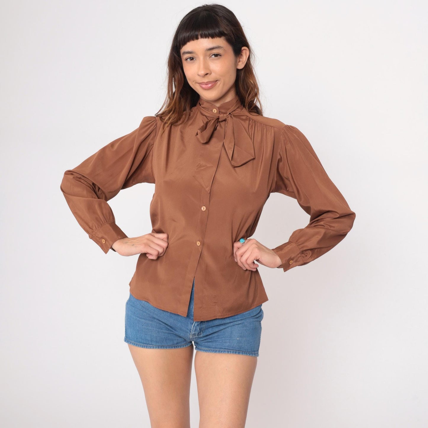 80s Brown Pussy Bow Blouse Long Sleeve Button Front Office Shirt Medium
